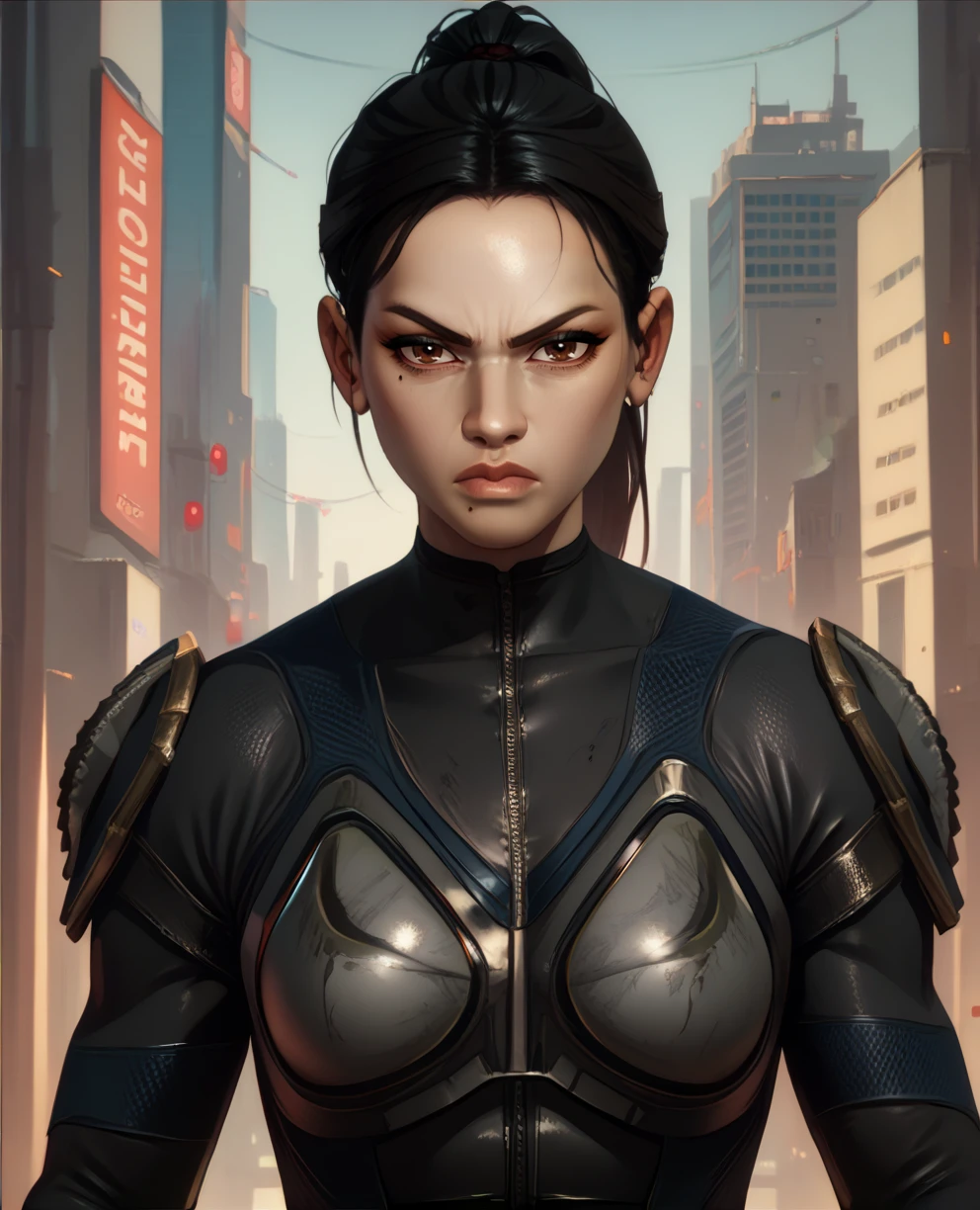 score_9,score_8_up,
fayexl,ponytail,black hair,brown eyes,
black body suit,armor,
looking at viewer,solo,upper body,
standing, 
city,science fiction, serious,<lora:fayexl:1>,