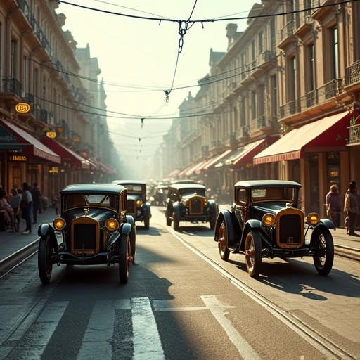 A retro-futuristic street scene, clockwork driven cars, with cogs and pinions, steel springs, shops, wet road, busy, awnings, morning light, long shadows