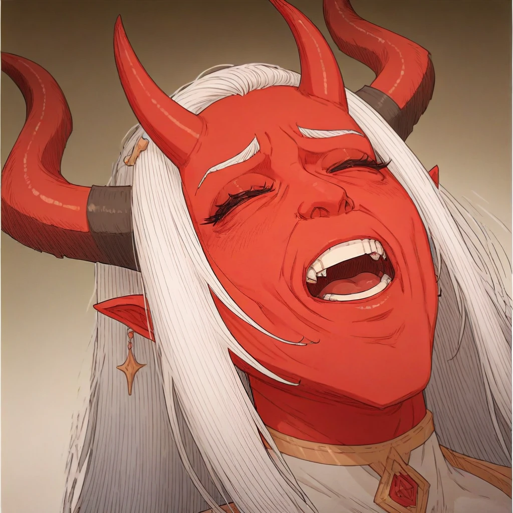 score_9, score_8_up, score_7_up, <lora::JJJlaugh1>  1 girl, demon girl, red skin, white hair, long hair, horns, JJJlaughmeme, laugh, head leaning back, open mouth, closed eyes