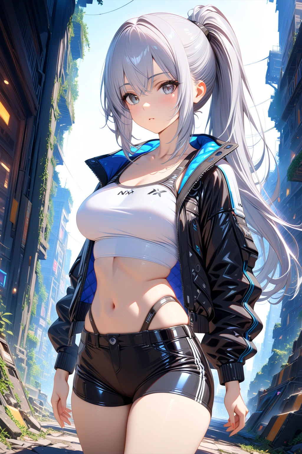 Beautiful girl, long hair, white hair, blue colored eyes, blue neon lights building,  night, moon background yandere smile, white biker jacket, black sports bra , black shorts, stylized, black shorts, leaning on the wall, sweat on abs, white long stockings aesthetic, sexy, big breast, , tall, detailed, masterpiece, best quality