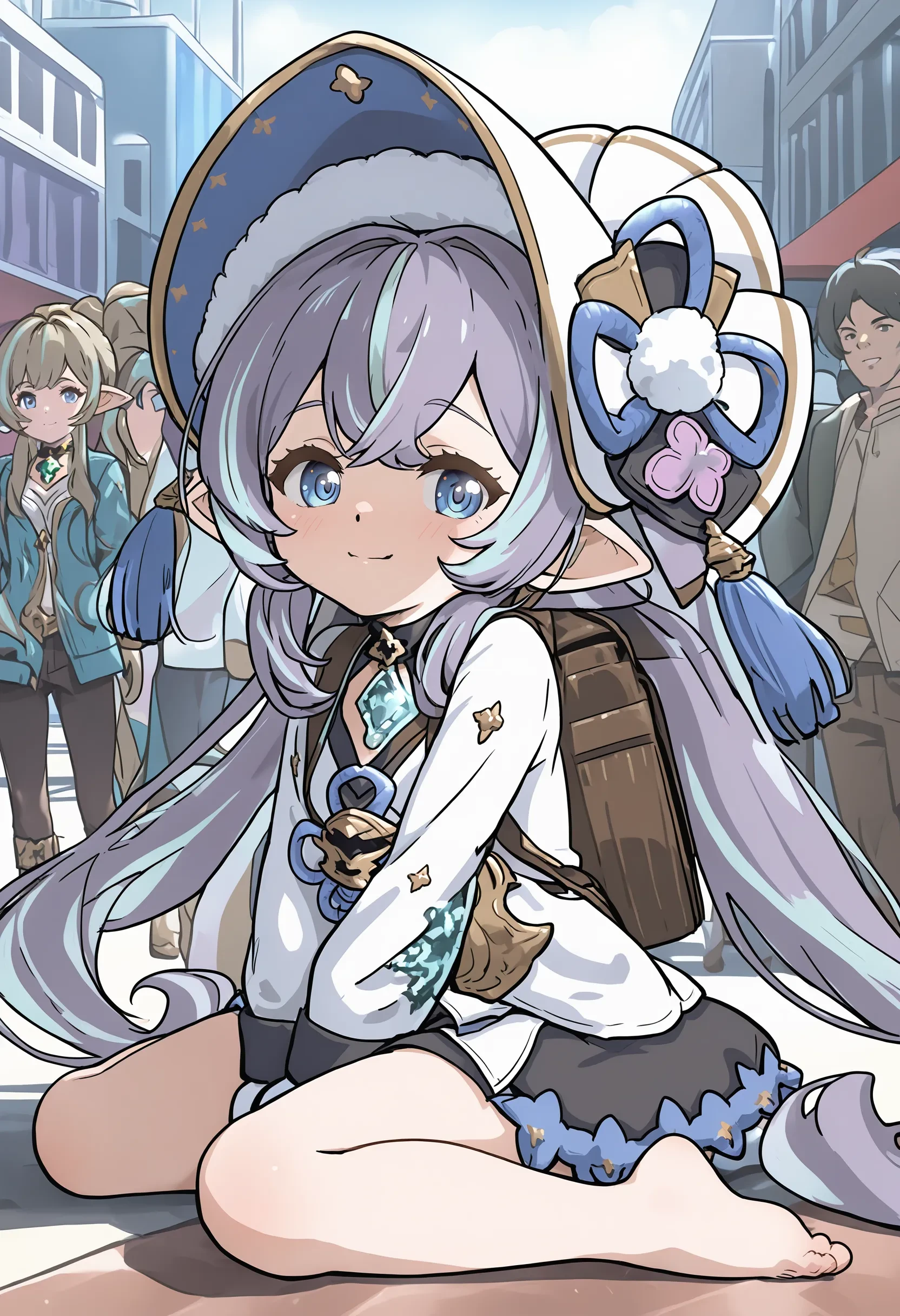 1girl, uruki \(granblue fantasy\), harvin, purple hair, multicolored hair, low twintails, blue eyes, bonnet, hat tassel, dress, long sleeves, mittens, backpack, footwear, 
outdoors, city, japan, audience, crowd, 
sitting, wariza, ass, looking at viewer, hand between legs, leaning forward, looking back, barefoot, full body, breasts, Sensual, A deep, intense gaze, a slow, deliberate smile, and a relaxed posture., general, 
masterpiece, best quality, absurdres, high resolution, 8k, official art, official style, source_anime, uncensored, anime screencap, anime coloring, newest, (ai-generated:0.6) <lora:GBF-uruki_XL(ill)v10:1>