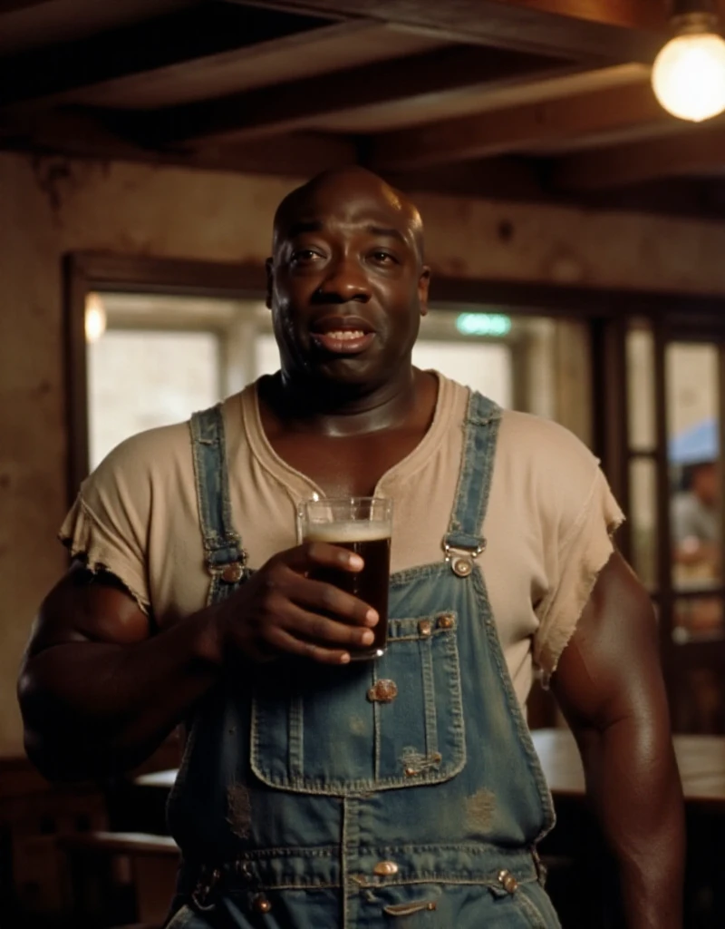 John Coffey is having a beer in a pub. He wears a jean overalls and a white tshirt<lora:John_Coffey:0.9>