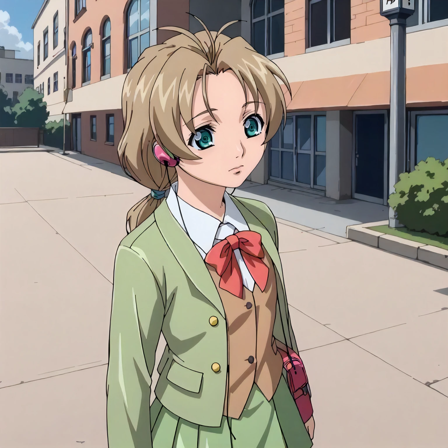 <lora:GSE_YumiXLpony001>,
outdoors,
solo,
Yumi,1girl,light brown hair,antenna hair,low ponytail,aqua eyes,
earphones,
school uniform,green blazer,open jacket,brown vest,
green skirt,
standing,