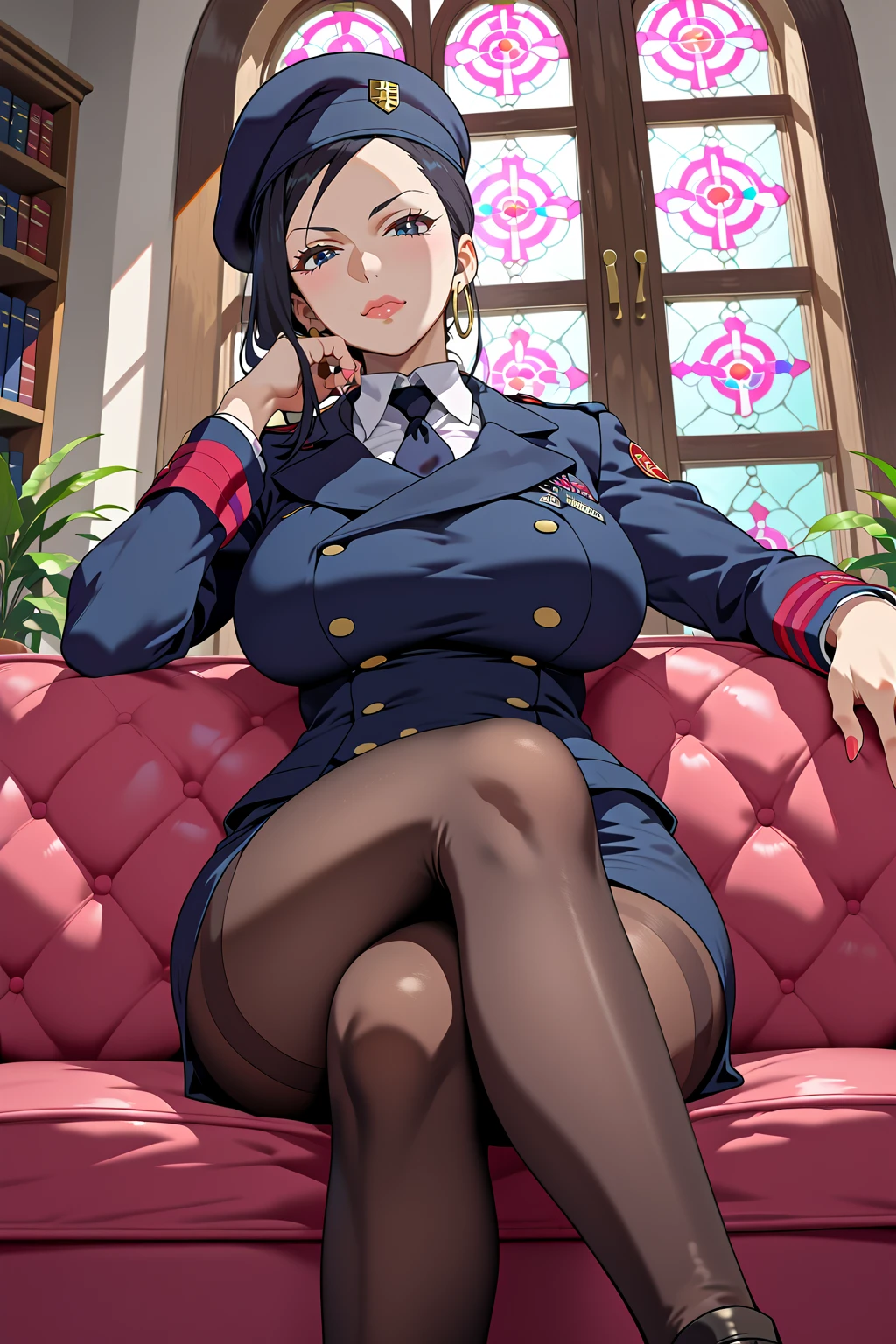 best quality, beautiful detailed eyes, ultra-detailed,highres,beauty detailed face, beauty detailed eyes, finely detailed face, finely detailed eyes, 1girl, mature female,cowboy_shot,from below,dappled_sunlight,depth of field,boots,chair,(crossed legs),hands on hip,looking at viewer,(sitting),solo,(god rays),huge_ass,big breasts,Big Boobs,curvy, <lora:azumaFubuki:0.8>, detailed background, bedroom,bed, female domination, evil smile, arrogant