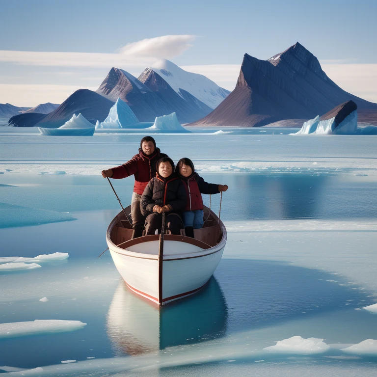 masterpiece HDR photo of a family, inuit, riding in a boat in greenland, towering mountains, icebergs, glacier