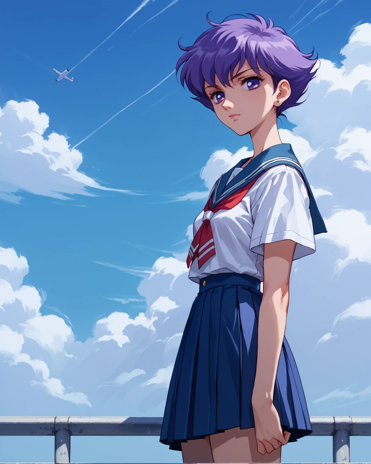 score_9, score_8_up, score_7_up, score_6_up, score_5_up, score_4_up,  <lora:Kozue_Kaoru_Pony_XL:0.9> 1girl, kozue, short hair, purple hair, purple eyes, japan school uniform,full body, in her mind, looking at blue sky, 80s style