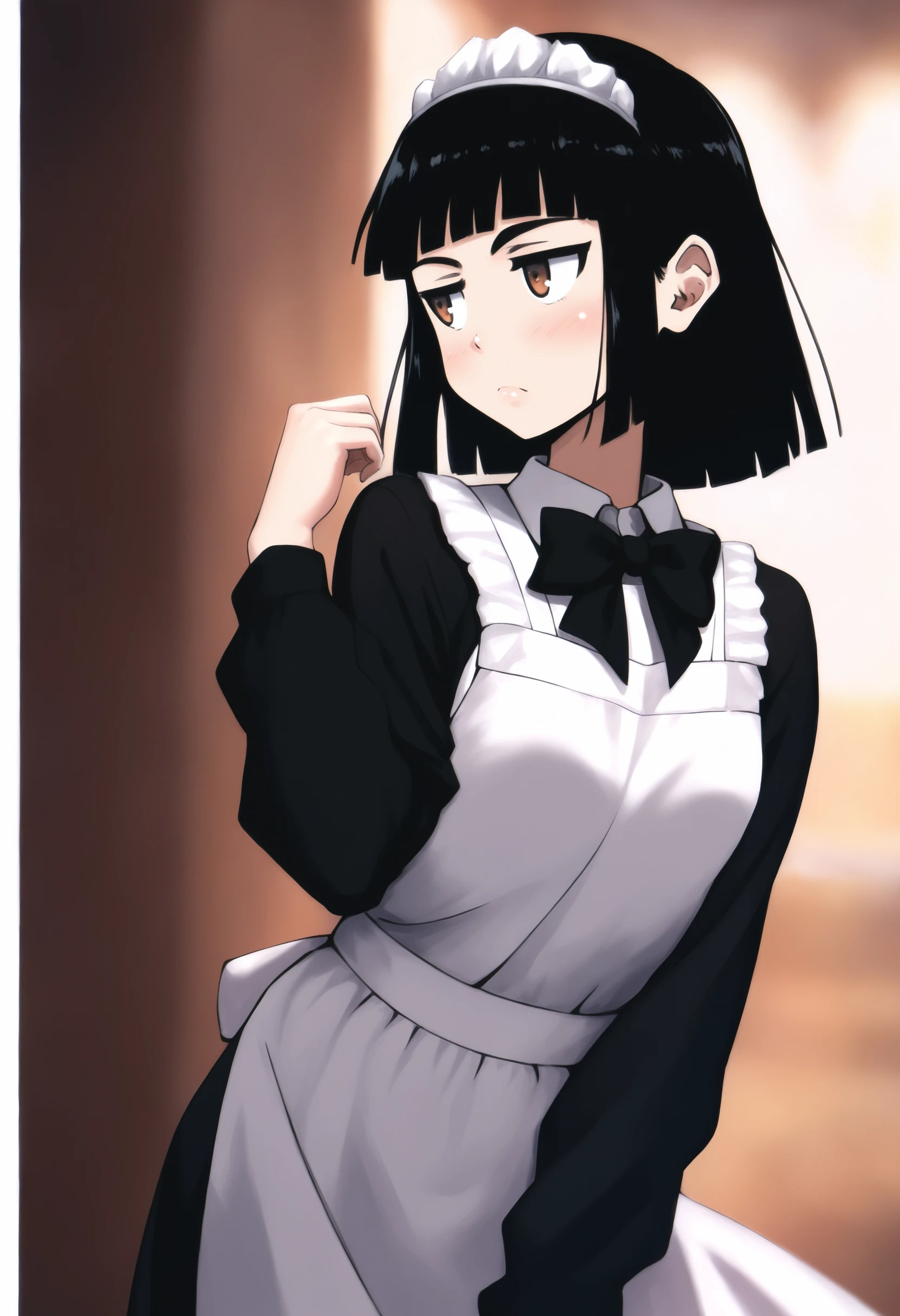 masterpiece, best quality, 1girl, solo,  Abbey, black hair, bob cut, blunt bangs, brown eyes, maid headdress,  white apron, black dress, black bowtie , black sleeves <lora:Abbey IXL 4-000013:1>