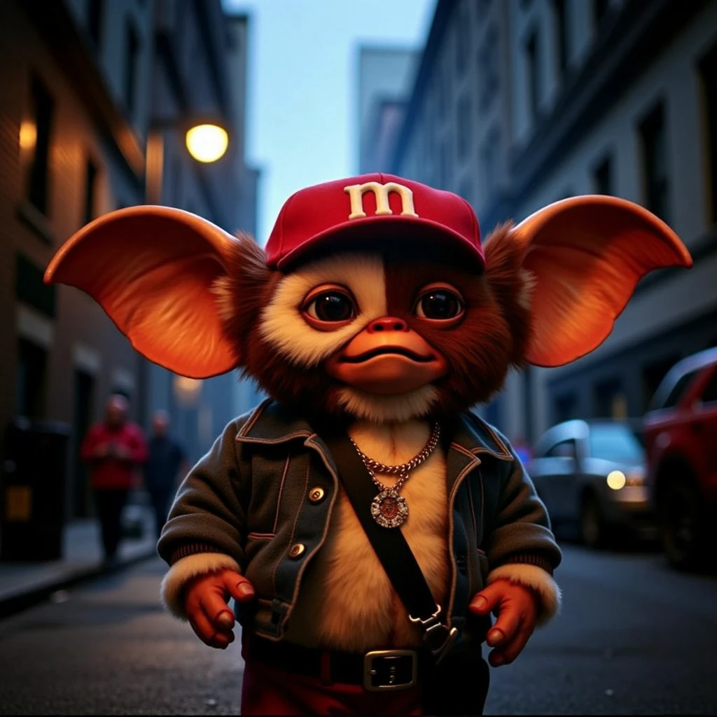 cinematic, god rays lighting, smiling, gizmo wearing a hip hop outfit, wearing a mariguana cap, with a cigarette  in a dark alley in the city, street lights around him, he looks surprised, shadows play lighting, ultra defined textures, ultra defined colors, 8k, 35mm, gmz,gxz