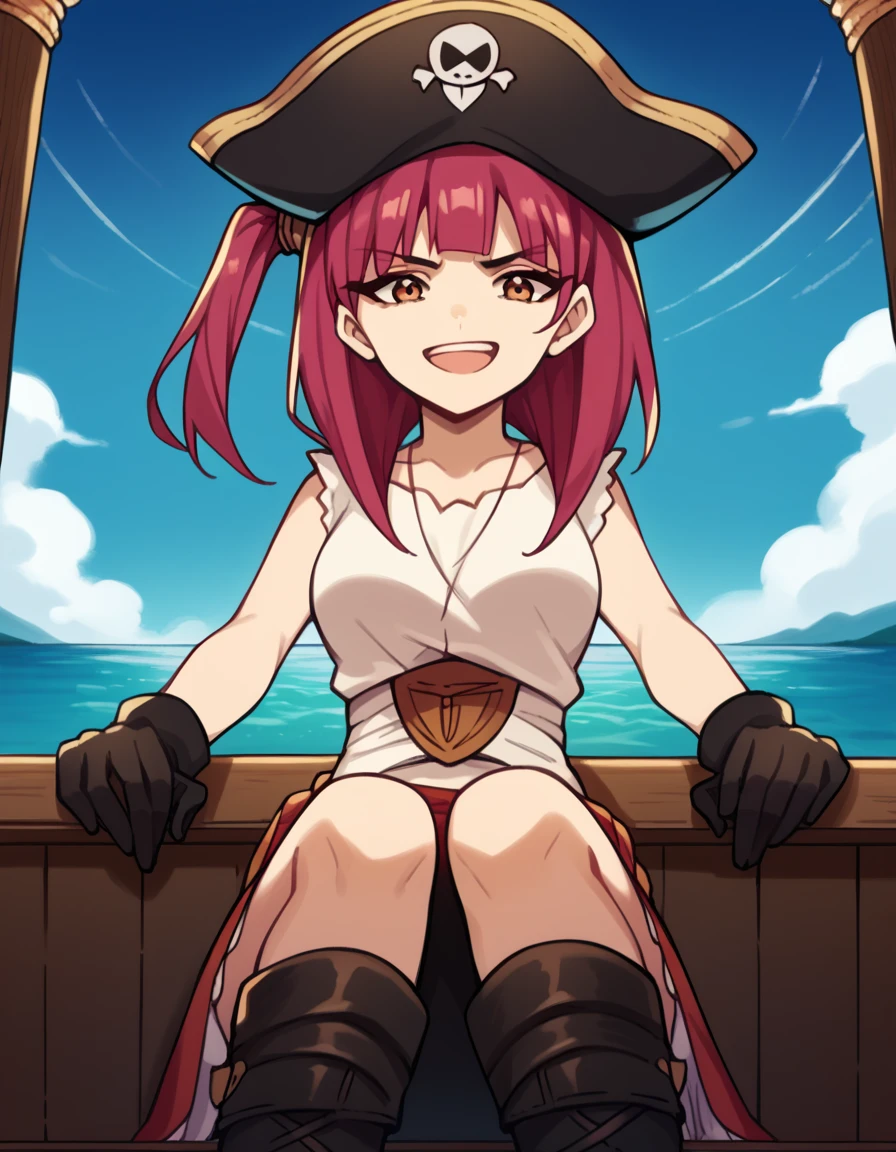 score_9, score_8_up, score_7_up, source_anime, <lora:magi-morgiana-s1-ponyxl-lora-nochekaiser:1>, morgiana, orange eyes, red hair, one side up, medium breasts,, <lora:pirate-costume-ponyxl-lora-nochekaiser:1>, pirate costume, pirate hat, skirt, gloves, jacket, shirt, eyepatch,, blue sky, sea, ocean, pirate ship, treasure, gold, smug, open mouth, from below, sitting,, , dutch angle, cowboy shot