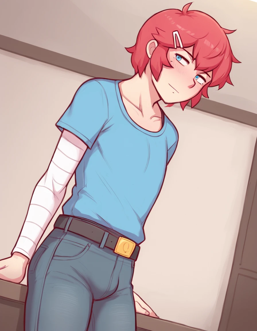 score_9, score_8_up, score_7_up, source_anime, anime illustration, masterpiece, best quality, lots of details, detailed background, BREAK
1boy, solo, 18 years old, femboy:0.1, adult, jamiedross, pants, hairclip, belt, red hair, pink hair, denim, collarbone, short hair, short sleeves, otoko no ko, jeans, long sleeves, blue eyes, looking at viewer, blue t-shirt, indoors, side view, from below