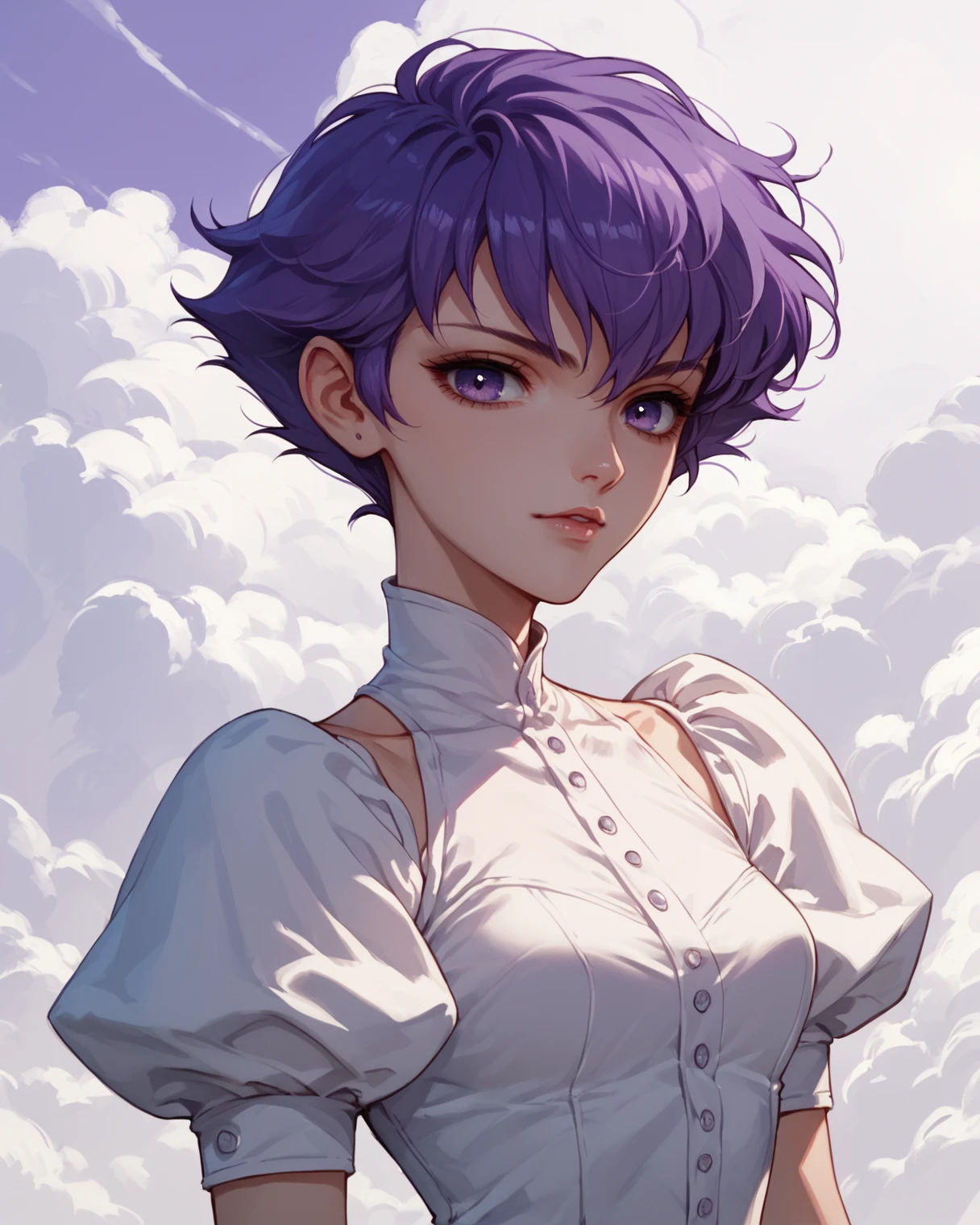 score_9, score_8_up, score_7_up, score_6_up, score_5_up, score_4_up,  <lora:Kozue_Kaoru_Pony_XL:0.9> 1girl, kozue, short hair, purple hair, purple eyes, cloud background