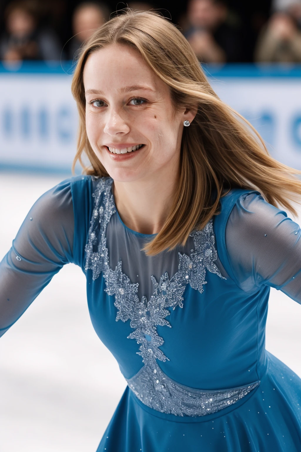 1girl, ultrarealistic, real photo, detailed skin, visible pores, woman, blur, Blue Figure Skating Dress on Ice Rink, dynamic, smiling, close-up
 <lora:bl89_us_lora_v04:1> bl89