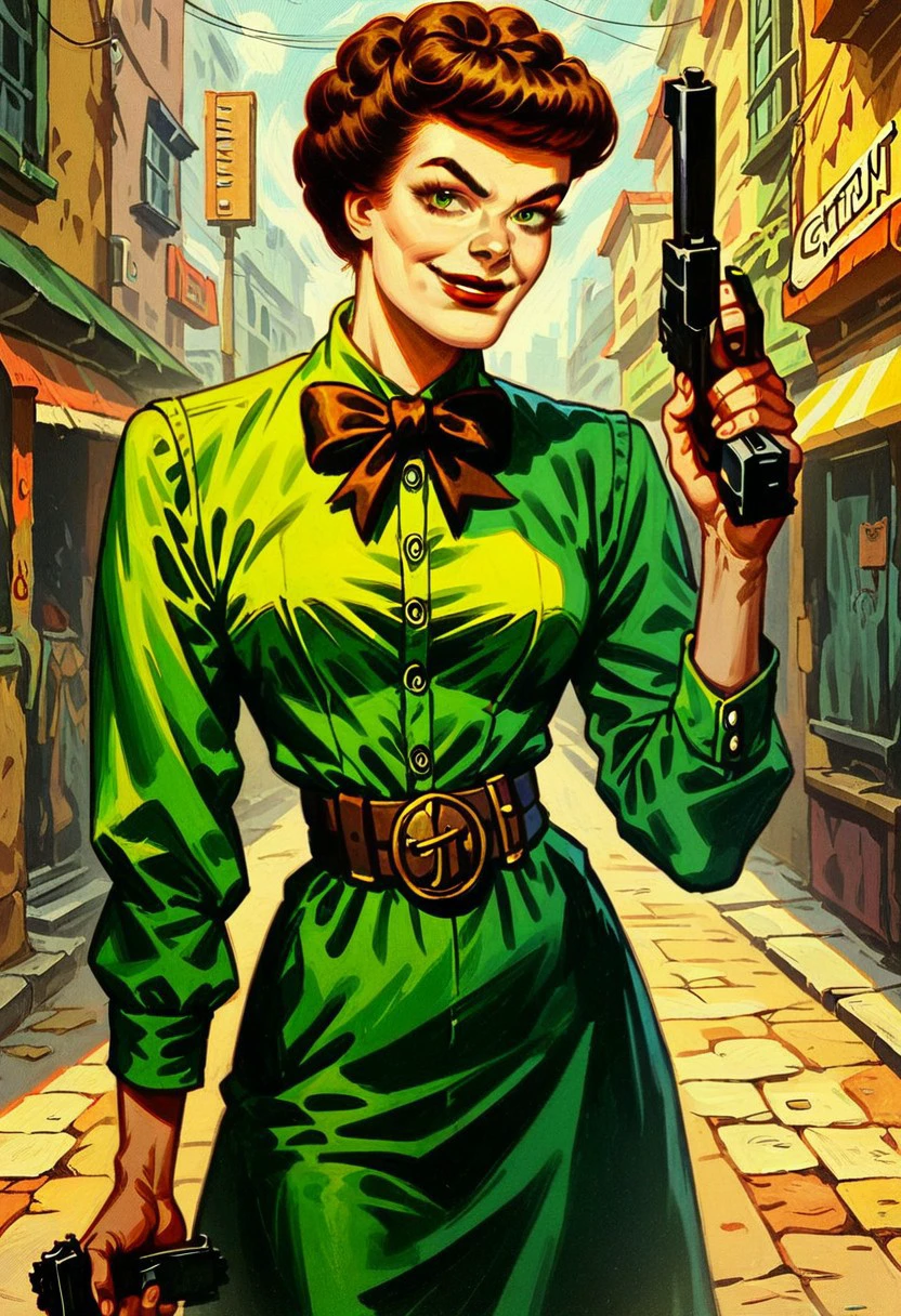 score_9_up, score_8_up, score_7_up, score_6_up, 1girl, solo, valerie_vaughn, brown hair, short hair, green blouse, belt, green skirt, bow, red lipstick, smug smile, looking at viewer, holding handgun, (standing in an alleyway), (realistic), (painted art)