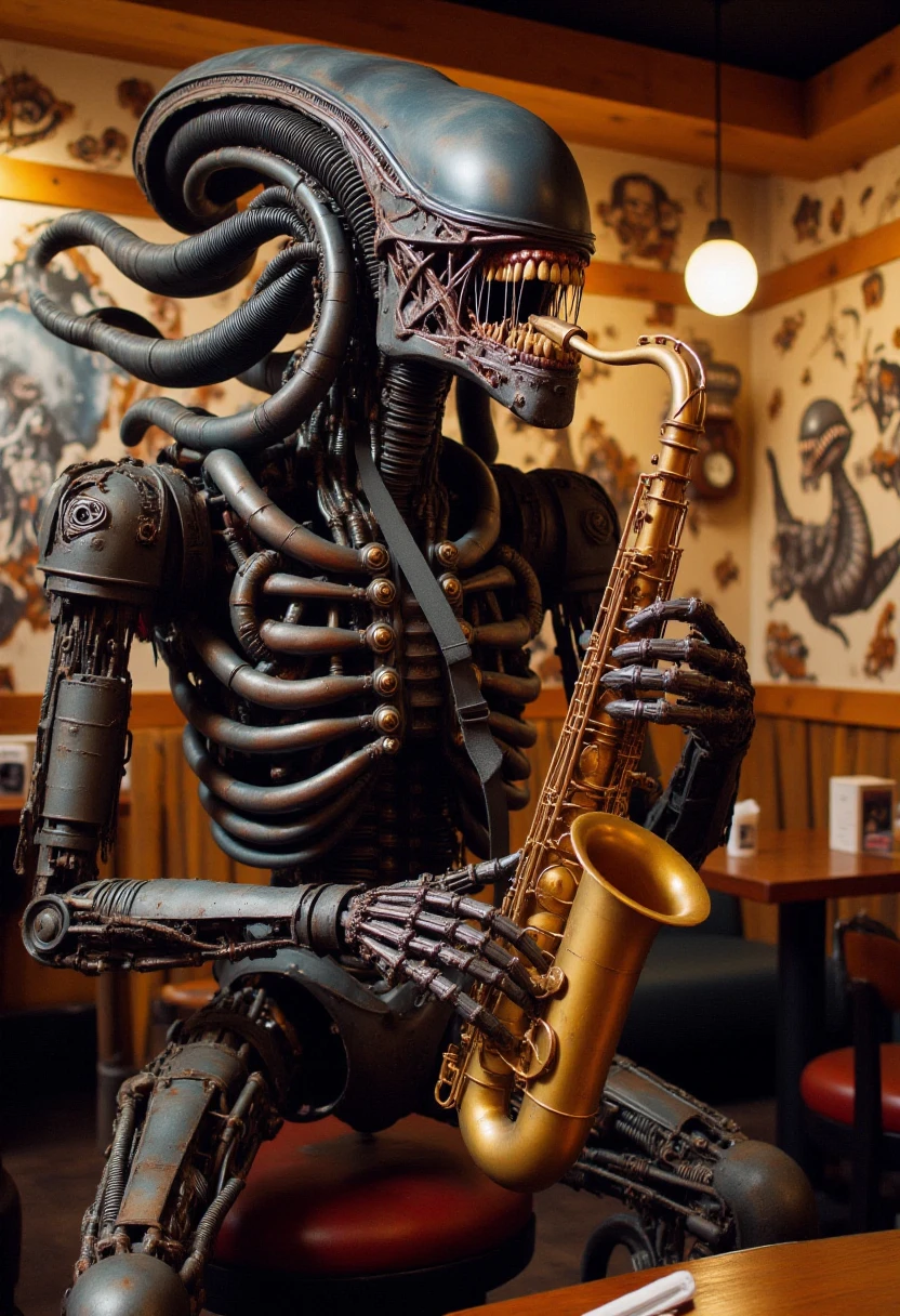 <lora:Animatronic_Assembler_FLUX:1.0>
This is a highly detailed photograph depicting a large animatronic black xenomorph robot, playing the saxophone at a children's restaurant. The robot is leaking oil and appears to be rusting.