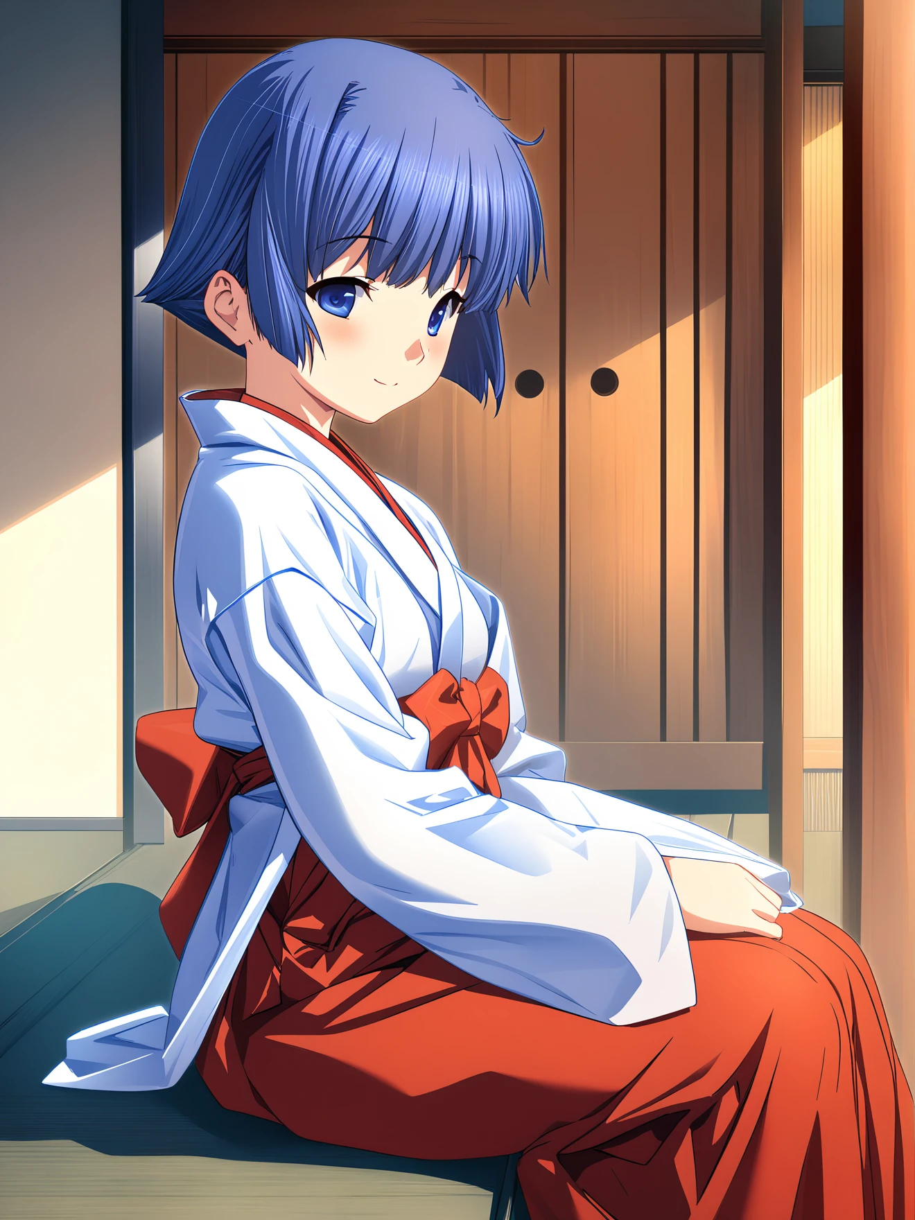 masterpiece, best quality, high quality, aesthetic, absurdres, insanely detailed,
1girl, miko, blue eyes, short hair, sitting, hakama skirt, red hakama, blue hair, smile, long sleeves, looking at viewer, blush, sitting, east asian architecture, veranda,
<lora:mm-style-xl_v1.0:1>