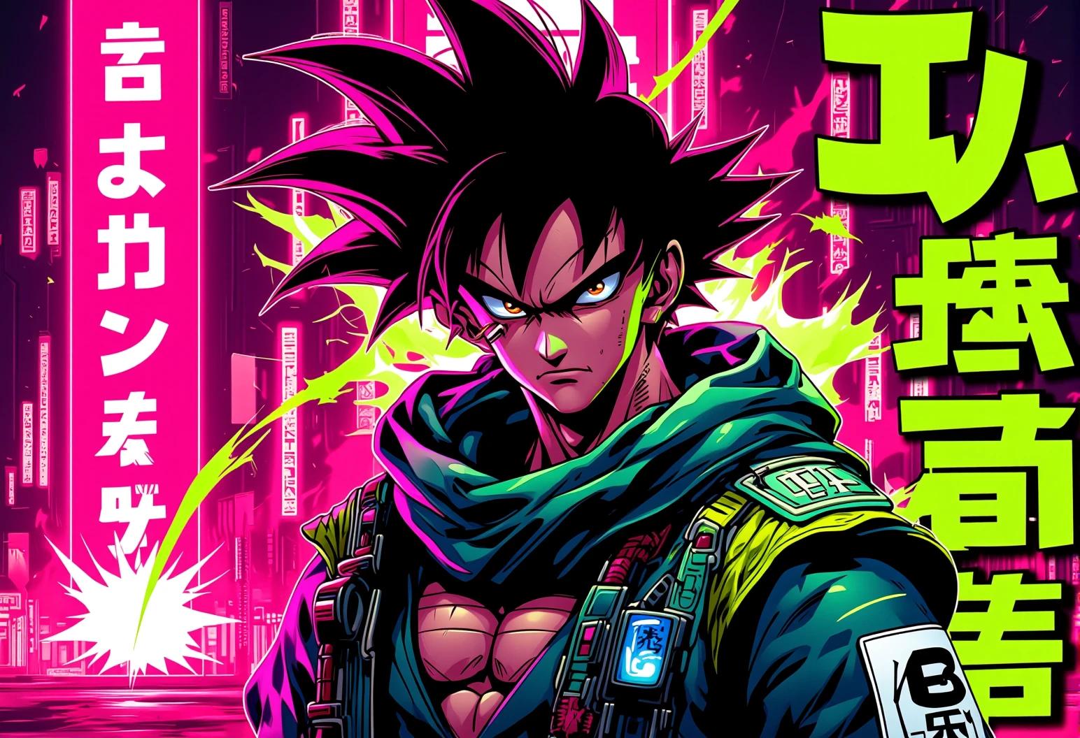 In the style of bold cartoonish outlines with exaggerated proportions, a anime hero like Son Goku is ready for battle in front of a intense pink background, featuring sharp silhouettes and a futuristic urban environment. The character is dressed in battle-worn gear illuminated by glowing lights, surrounded by glowing energy orbs, casting intense neon light. The background includes exploding energy beams, reflecting off the character's armor, enhancing the sense of drama. Occasionally, the design shifts to a **poster-style layout**, featuring a acid green, with bold **cyberpunk text** reading "Geld" in stylized kanji, creating a powerful visual impact. The overall composition emphasizes sharp outlines, highlighting the character's power. The scene is completed by abstract cityscape elements blending into the background. , <lora:bv-neoartsty.safetensors:1.0:1.0>