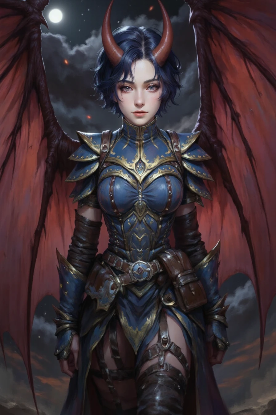 detailed digital painting depicting a fantasy warrior with demonic features. The subject is a female warrior with short, dark hair, sharp, pointed horns on her head, and large, bat-like wings with red membranes and dark veins. She wears ornate, blue and silver armor with intricate designs, including a chest plate, shoulder guards, and gauntlets. Her armor features a mix of leather and metal, with a flowing, dark blue cloak that billows behind her., Bold, iconic, dynamic, dramatic, complex background, gorgeous, extremely intricate details