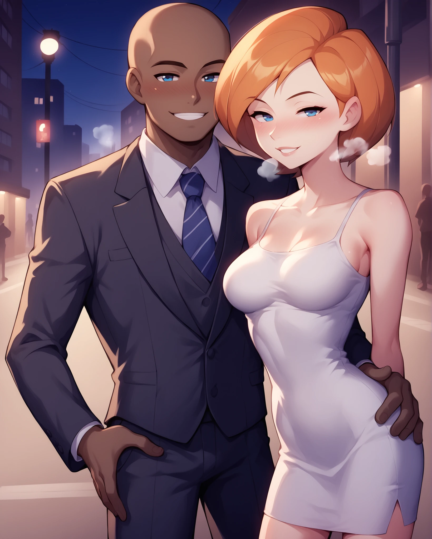 score_9, score_8_up, score_7_up, source_cartoon BREAK 1girl, ann possible, orange hair, short hair, blue eyes, blush, dress, medium breasts, perky breasts, looking at viewer, half-closed eyes, heavy breathing, smile, 1boy, faceless male, unseen male face, netorare, hand_on_another's_waist, hand on another's hip, standing, <lora:Hand_on_anothers_hipwaist:1>, side-by-side, hands behind back, street night, cityscape, male suit, male shirt, male tie, dark-skinned male, bald male rating_questionable