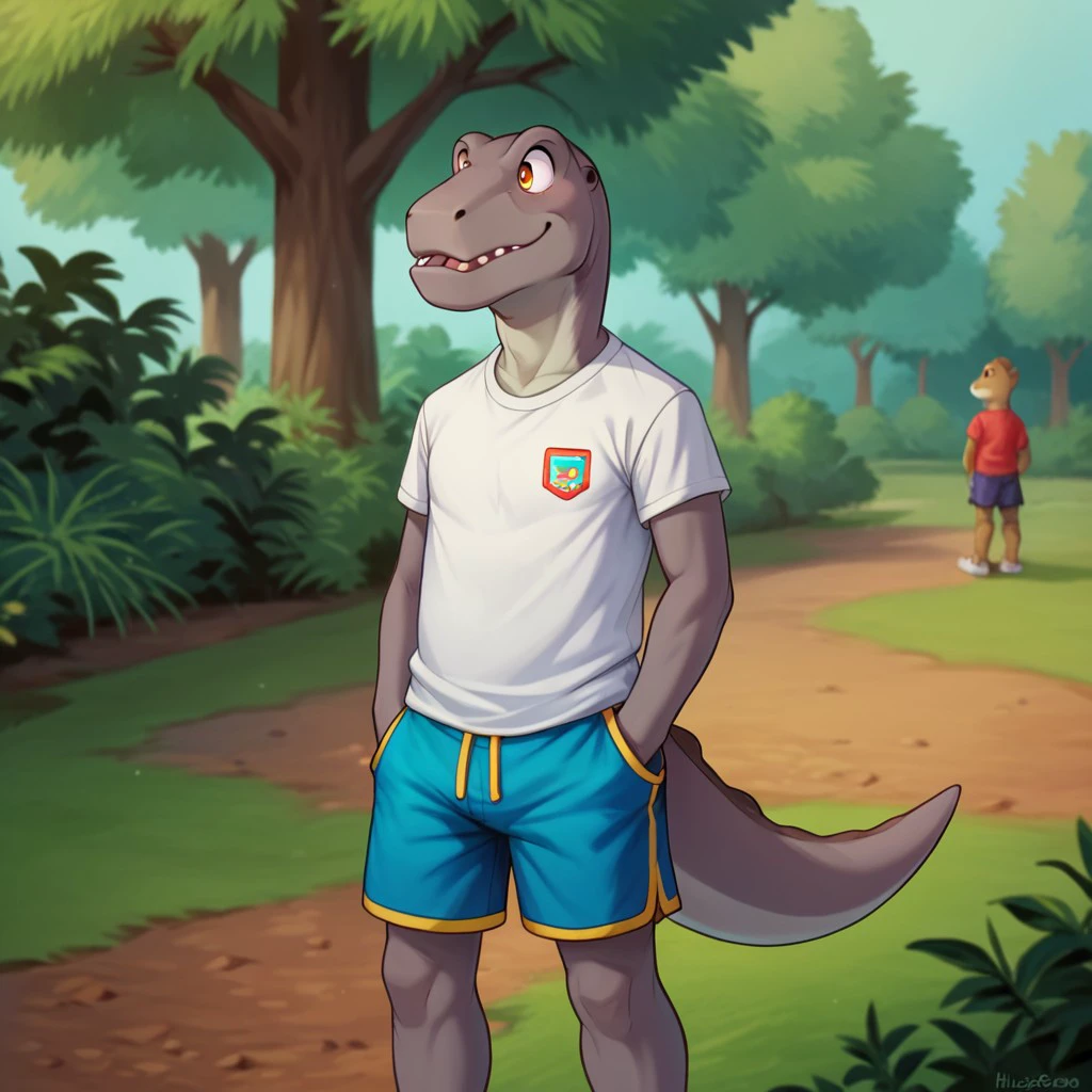 score_9, score_8_up, score_7_up, score_6_up, score_5_up, score_4_up,  source_furry, Hyplbt, young anthro, male, Hypsilophodon, grey skin, dinosaur,  shirt, shorts, playing in the park, <lora:de2b1fab-ec6f-4d14-956d-1e349a130022:0.7>