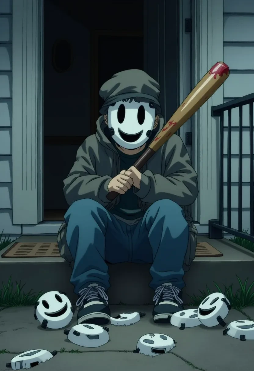 A photograph of a kid sitting in front of a house on a stoop. The ??? is wearing a baggy jacket, and baggy jeans, and holding a bloody baseball bat. The ??? is wearing a white smiling highrise_mask looking at the camera menacingly. There are broken highrise_masks scattered on the ground, as if broken by the bat. The scene feels intense and overwhelmingly haunted.