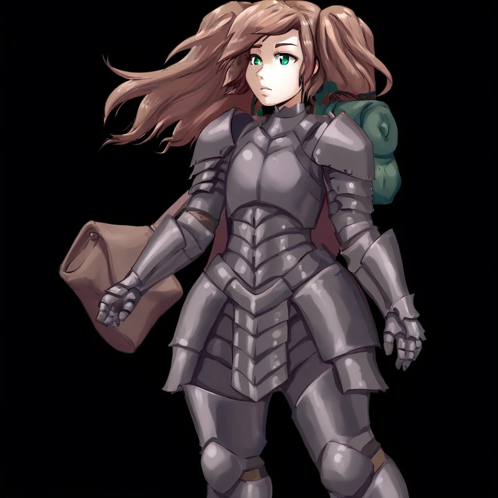 hiro, standing, solo, warrior, black armor, solo, brown hair, bag, long hair, simple background, gauntlets, black background, green eyes, breastplate <lora:Hiro_Tales_of_Androgyny (1):1>