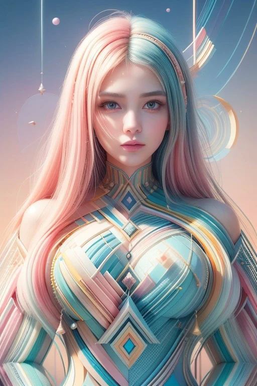 (High quality), (masterpiece), (detailed), 8K, Hyper-realistic portrait of a woman's upper body, adorned with abstract pastel patterns. (Soft hues1.3) of pink, blue, and yellow create a dreamy atmosphere. (Intricate swirls1.2) and (geometric shapes1.2) form a unique tapestry, drawing the eye to her captivating expression.