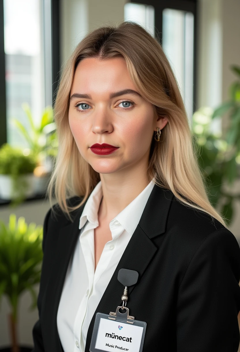 A portrait photo of munecat, a young woman with blonde hair. She is looking straight at the viewer with a serious expression on her face. Her eyebrows are drawn down. Her mouth is closed and  her lips are pressed together. She is wearing red lipstick. She is wearing a professional white shirt and a black business suit. A simple ID badge with black bold text name "münecat" and smaller title "Music Producer" is clipped to the suit jacket. The background is blurry and shows a modern office with house plants. Sunlight is shining through large windows.