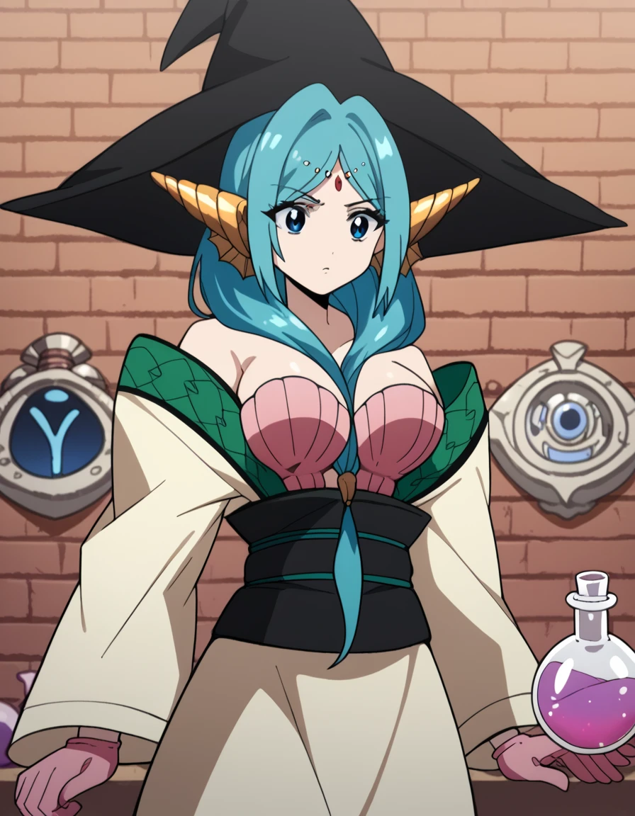 score_9, score_8_up, score_7_up, source_anime, <lora:yamraiha-s1-ponyxl-lora-nochekaiser:1>, yamraiha, long hair, blue eyes, large breasts, blue hair, aqua hair, front ponytail, hair between breasts, <lora:wizard-ponyxl-lora-nochekaiser:1>, wizard, wizard hat, robe, dress, long sleeves, gloves,, indoors, bricks, potion, flask, vial,, cowboy shot,, , dutch angle, cowboy shot