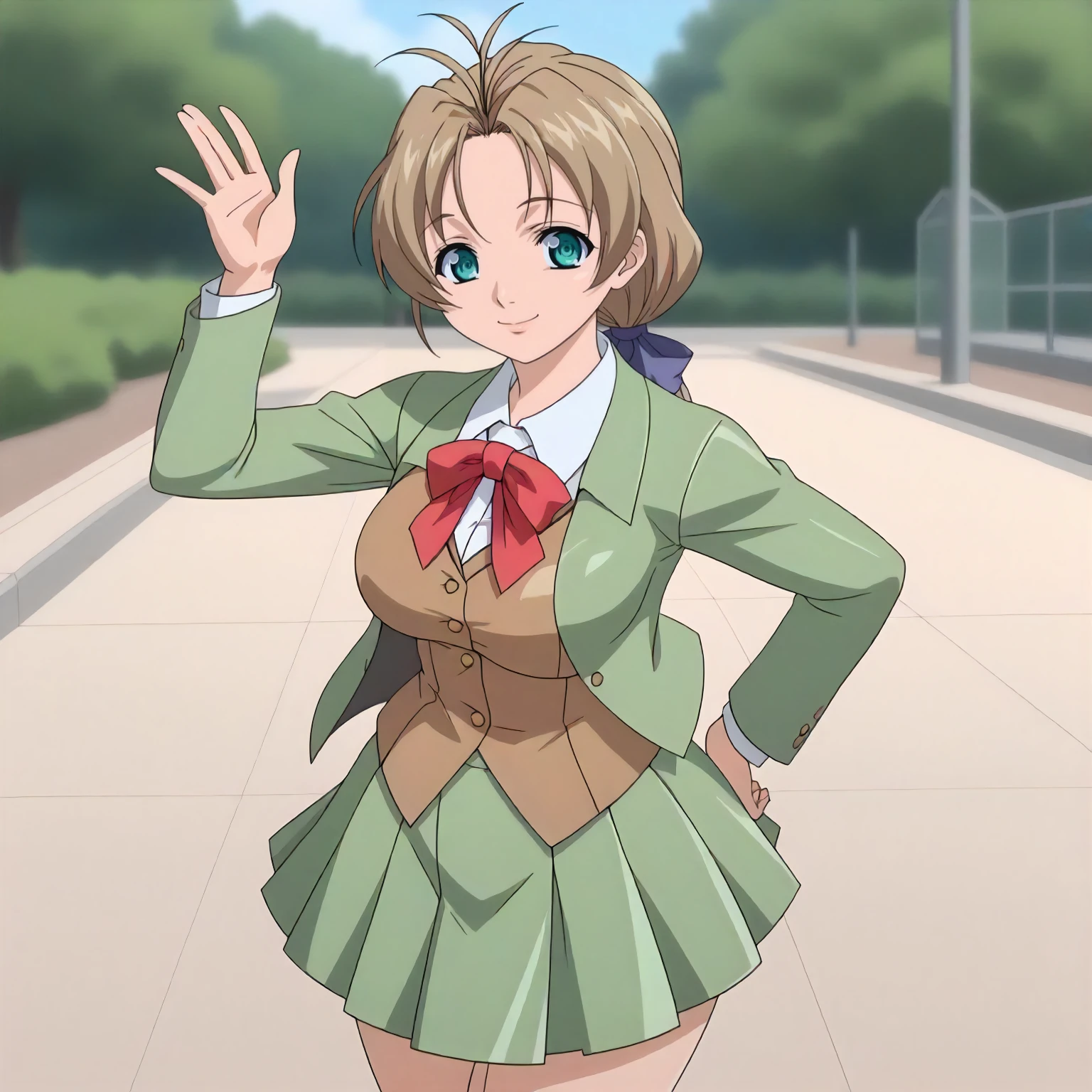 <lora:GSE_YumiXLpony001>,
outdoors,
smile,
solo,
Yumi,1girl,light brown hair,antenna hair,low ponytail,hair ribbon,aqua eyes,
large breasts,
wide hips,
school uniform,green blazer,open jacket,brown vest,
green skirt,
standing,