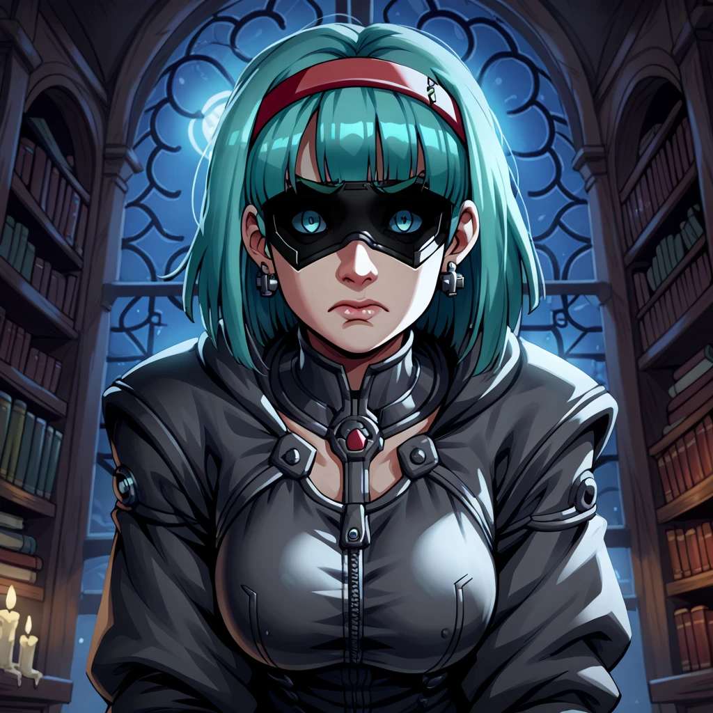 score_9, score_8_up, score_7_up,rating_safe,, bulma, aqua hair, green hair , blunt ends,  medium hair, red  hairband  , stud earrings, in a magical library, medieval , gothic architecture,  dim lighting,  night, book, solo, holding camera, leaning forward, dynamic pose, looking at looking at viewer , in distress, shaded face, closed mouth,  sad, raised eyebrows,,1girl,solo, by gwt  BREAK ,, cyberpunk, high_tech_gear, visor, holographic clothing,  hood down,  black jacket,