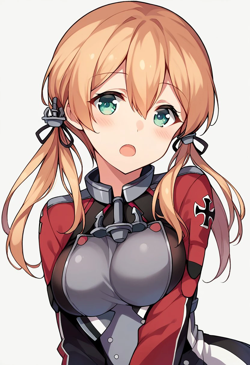 score_9, score_8, score_7, source_anime, prinz eugen (kancolle), low twintails, anchor hair ornament, 1girl, blush, solo, looking at viewer, large breasts, open mouth