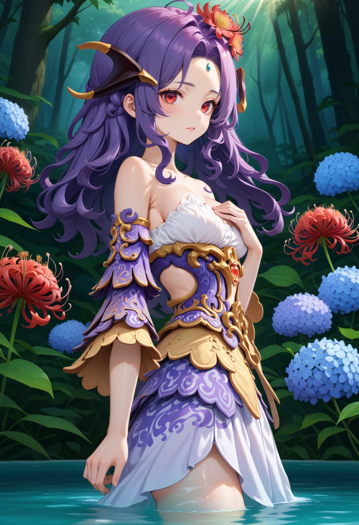 masterpiece, best quality, very aesthetic, absurdres, rom_nidhogg_xl,
1girl, purple hair, flower on head, red eyes, taking a bath,
from side, looking at viewer, cowboy shot, hand on own chest, mystical forest, spider lily, hydrangea, light rays, tyndall effect, vivid colors, tranquil and magical atmosphere,
shiny skin, beautiful face, beautiful eyes, extreme detailed, official art, professional illustration, hires,
<lora:rom_nidhogg_pony_xl:1>, <lora:aesthetic_anime_v1s:0.5>, <lora:add_details_xl:0.5>