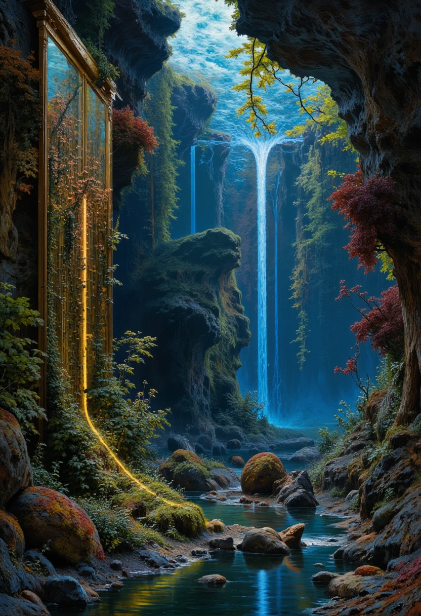 This breathtaking piece by Raqib Shaw showcases his signature style, combining textile art and painting. The foreground features an overgrown gold beam, while the background is a mix of sapphire and copper hues. Obsidian and technicolor elements add depth and contrast to the piece. The ethereal lighting illuminates the scene, casting dynamic shadows across the intricate textures and patterns. The reflective surfaces and the reflecting beams enhance the overall visual impact, drawing the viewer into the surreal world created by the artist.<lora:AS_3:1> <lora:flux.1_lora_flyway_Epic-detail_v2:0.6> <lora:lora:0.5>