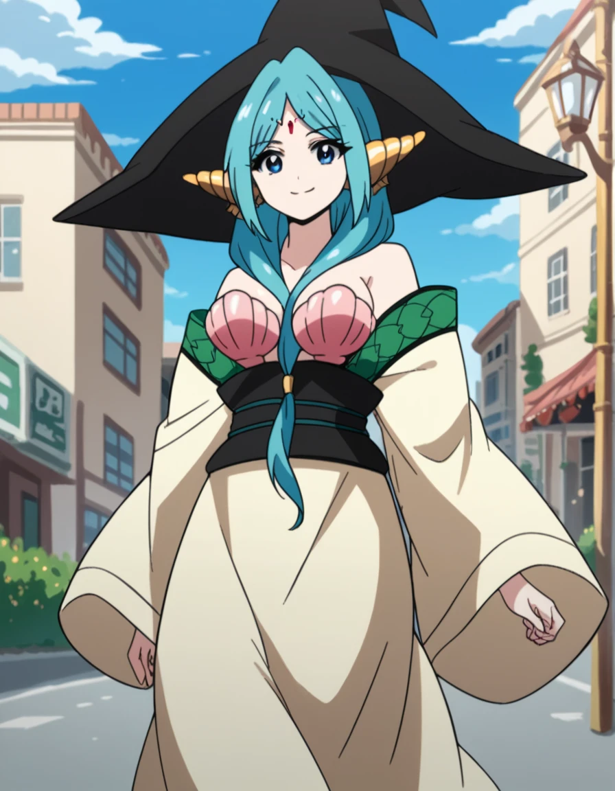 score_9, score_8_up, score_7_up, source_anime, <lora:yamraiha-s1-ponyxl-lora-nochekaiser:1>, yamraiha, long hair, blue eyes, large breasts, blue hair, aqua hair, front ponytail, hair between breasts, hat, bare shoulders, witch hat, between breasts, shell, shell bikini, robe, long sleeves, wide sleeves, sash,, city street, evening, streetlights, walking dog, quiet neighborhood, gentle breeze, smile, from below, looking at viewer, solo,, dutch angle, cowboy shot