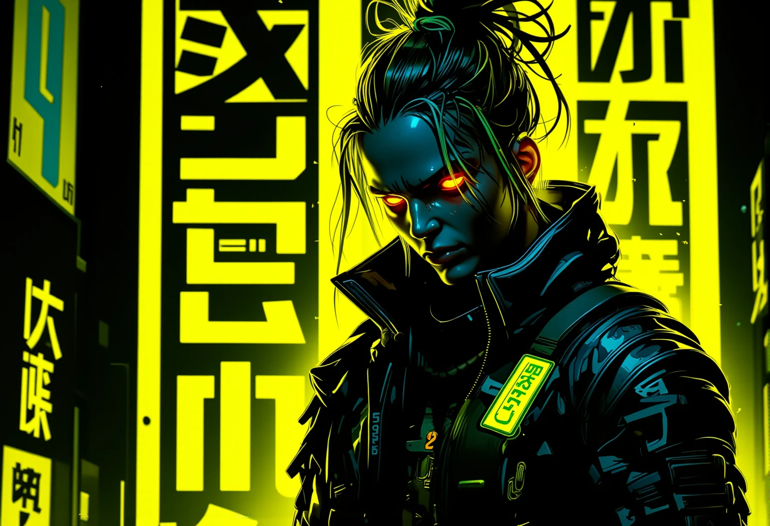 In the style of cyberpunk surrealism with strong outlines and exaggerated lighting, a cyberpunk warrior is ready for battle in front of a bold neon yellow background, with vivid neon accents and a minimalistic, color-blocked backdrop. The character wears sleek cyber armor with neon highlights, and the scene is accentuated with neon-lit text displayed prominently in the background. The lighting casts dramatic shadows on the characterâs face and armor, creating a intense and mysterious atmosphere. Occasionally, the design features a **poster-style layout** with a single-colored background in neon yellow, and bold **cyberpunk text** reading "Geld" in block letters, creating a striking visual contrast. The overall composition is dynamic, with high contrast between light and dark, emphasizing the character's expression and the bold visual style. The background may also include glowing holographic billboards that blend into the minimalistic design. , <lora:bv-neoartsty.safetensors:1.0:1.0>