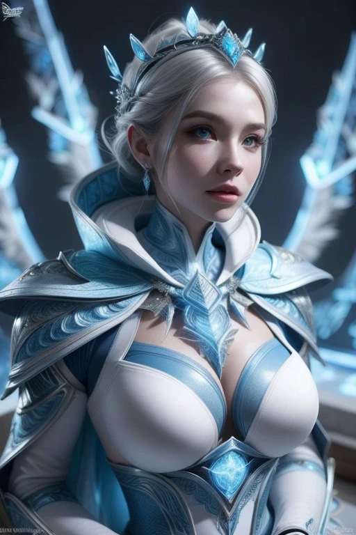 (high quality), (masterpiece), (detailed), 8K, Hyper-realistic portrait of a woman, her upper body adorned in frost-themed attire, reminiscent of an oracle. (Icy blue hues1.2) accentuate her (ethereal beauty1.2), while intricate (frost-like patterns1.3) adorn her clothing, creating a captivating visual spectacle.