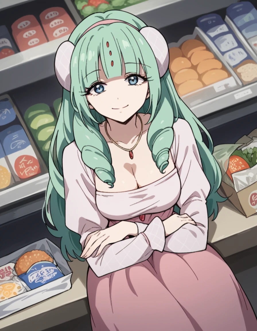 score_9, score_8_up, score_7_up, source_anime, <lora:dunya-musta-sim-s1-ponyxl-lora-nochekaiser:1>, dunya musta sim, long hair, blue eyes, green hair, drill hair, large breasts, hair ornament, blunt bangs,, dress, cleavage, jewelry, necklace, pink dress, long sleeves, pink dress, skirt, pink skirt,, grocery store, cashier, shopping bag, scanning items, small talk, everyday routine, smile, sitting, elbow rest, table,, looking at viewer, solo,, dutch angle, cowboy shot