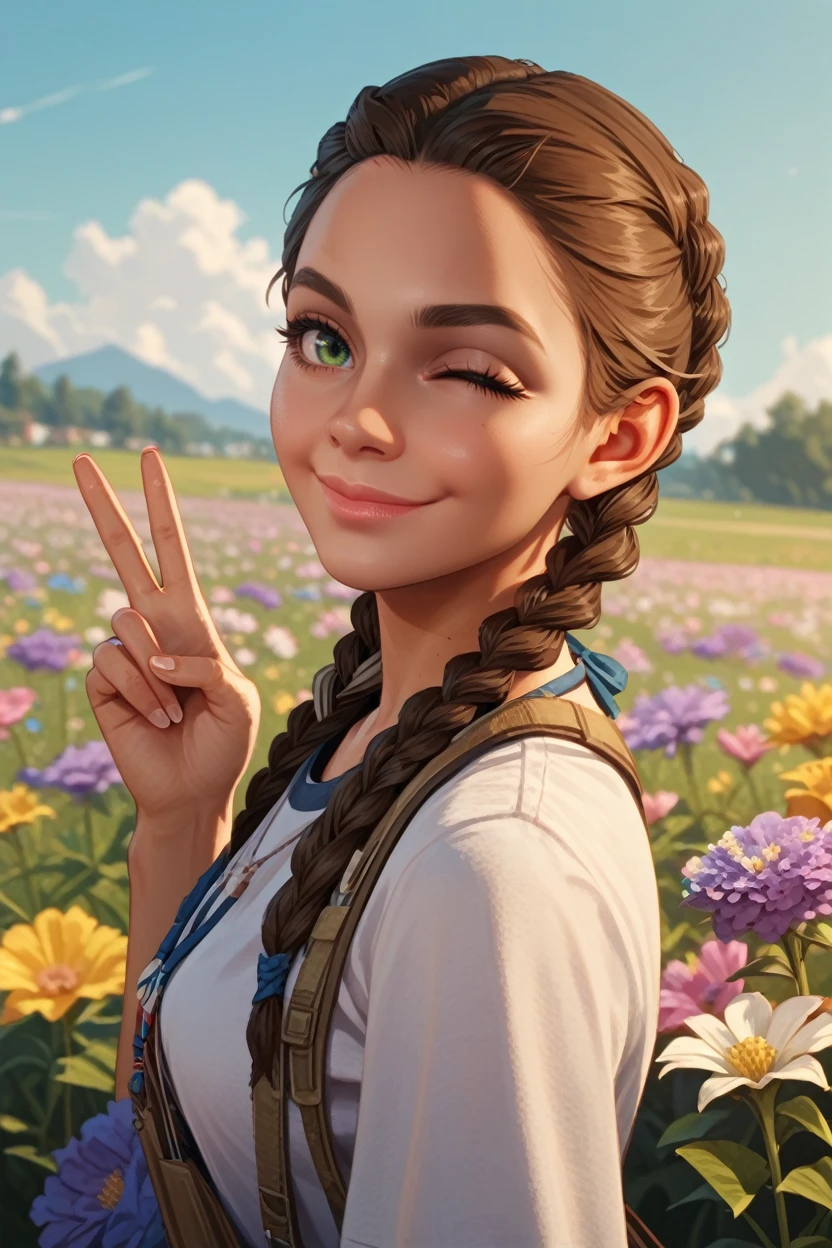 score_9, score_8_up, score_7_up,
<lora:FC6Clara:0.8>
FC6Clara, 1girl, twin braids, brown hair, white streaks, green eyes, looking at viewer, from side, wink, happy, smile, closed mouth, peace sign, flowers, meadow