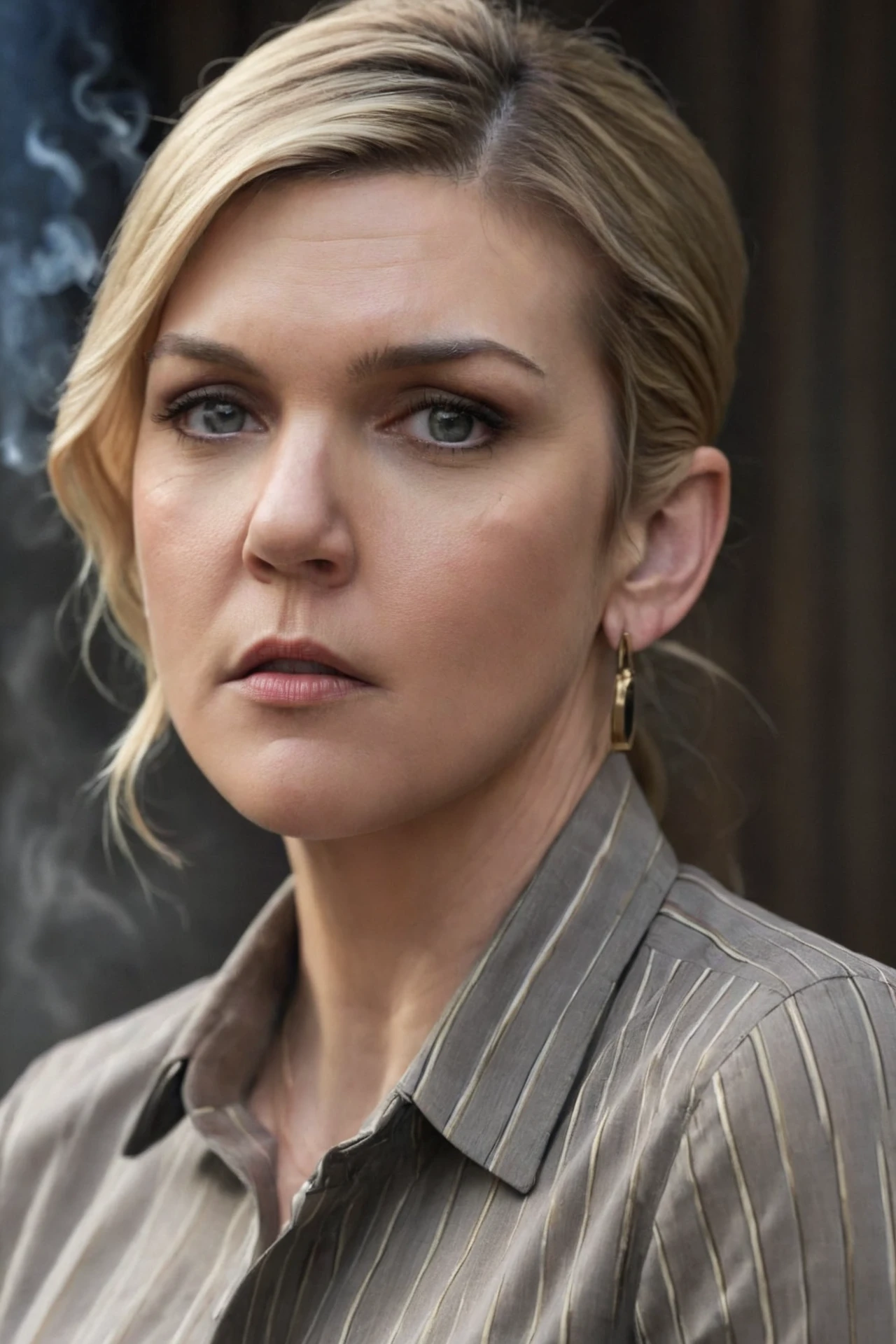 realistic portrait photo of a woman, rheaseehorn, blonde hair, formal shirt, face portrait, cinematic, smoking, earrings,
<lora:RheaSeehorn_SDXL_v1-000004:0.8>