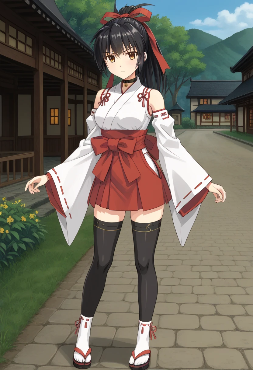 1girl, solo, mikogamisama, koyoriamamiya, black hair, ponytail, hair ribbon, red ribbon, hair bell, yellow eyes, brown eyes, black choker, white shirt, detached sleeves, wide sleeves, red skirt, black thighhighs, tabi, red sandals, japanese clothes, outdoors, village, serious, full body,