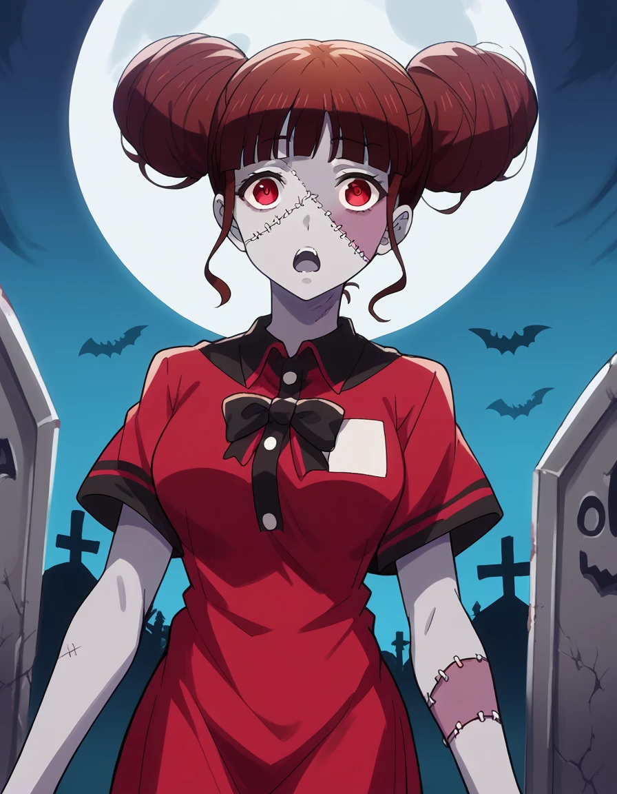 masterpiece, best quality, highres,
ZombieDefSkin, 1girl, solo, (blood:1.6), patchwork skin, (stitched face:1.3), multicolored skin, multiple scars, scar, zombie, colored skin, veiny , veins, anger vein, stitches, open mouth, (blue skin:1.3), blood on face, nosebleed, blood on clothes, (expressionless:1.3), emotionless, saliva, biting, bite mark, torn clothes, torn legwear, torn shirt, torn skirt, rags, monster girl, 
bound, , bondage, straitjacket, gag, restrained, gagged, bound arms, , bound legs, collar, arms behind back, bangs, belt, latex,
<lora:Concept_Straitjacket:1>, cowboy shot, looking at viewer, arms behind back, outdoors, forest, field, night, night sky, starry sky, moon, full moon, <lora:Concept_Zombie:1>,