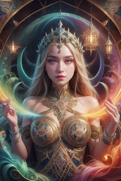 (High quality), (masterpiece), (detailed), 8K, Hyper-realistic portrait of a captivating woman, her skin adorned with intricate Celtic tattoos, shimmering with rainbow mist. (Mystical aura1.2) surrounds her, enhancing the ethereal beauty. (Intricate patterns1.3) weave across her shoulders, creating a captivating visual tapestry. (Vibrant colors1.2) dance across her form, capturing the essence of Celtic mythology.