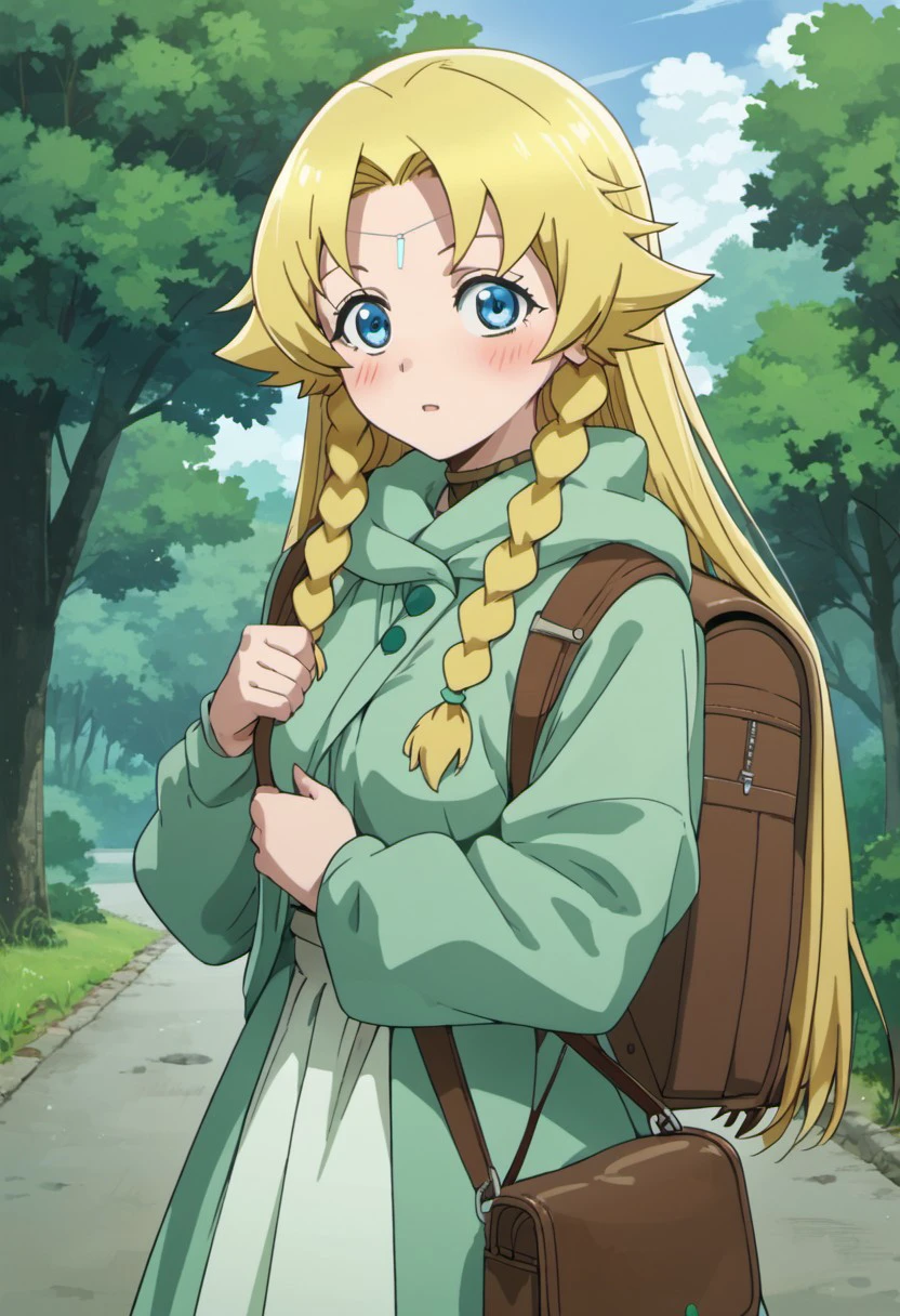 score_9, score_8_up, score_7_up, source_anime, celina, long hair, blonde hair, blue eyes, 1girl, braid, blush, solo, backpack, twin braids, bag, anime coloring, looking at viewer, outdoors, tree