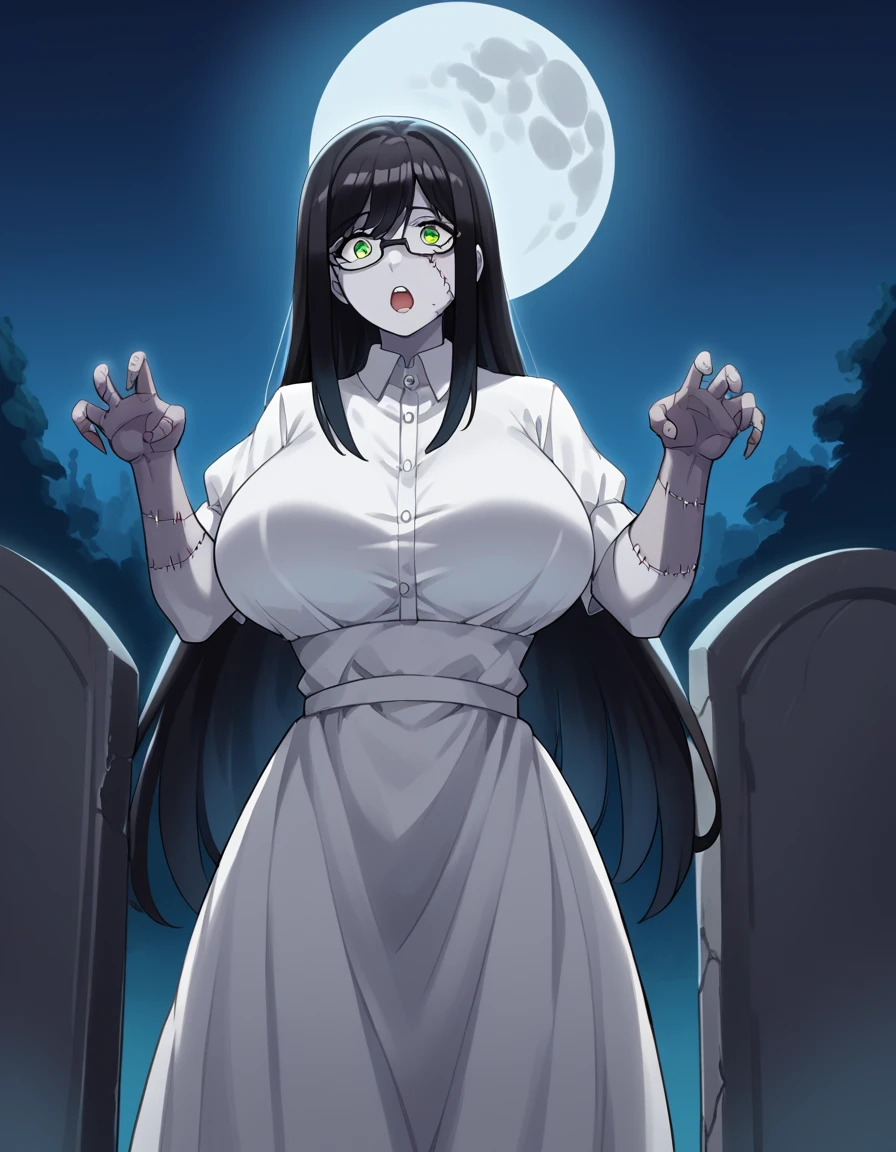 score_9, score_8_up, score_7_up, source_anime, <lora:yuzuki-hanyuu-s1-ponyxl-lora-nochekaiser:1>, yuzuki hanyuu, long hair, black hair, green eyes, glasses, huge breasts,, <lora:zombie-ponyxl-lora-nochekaiser:1>, zombie, colored skin, stitches, grey skin, multicolored skin, stitched face, zombie pose, halloween, halloween costume,, night, moon, graveyard, tombstone, grave, open mouth, , dutch angle, cowboy shot