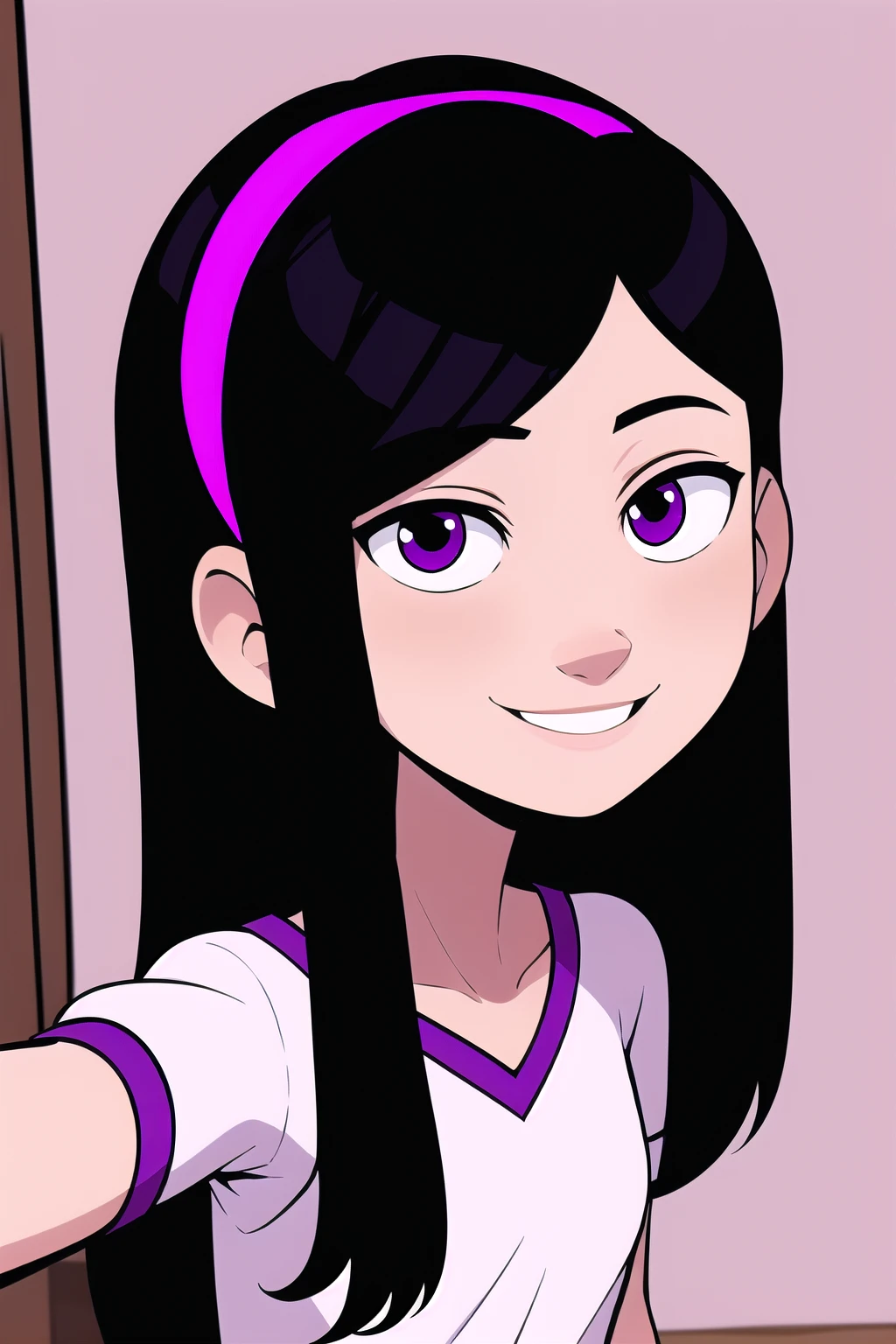 Violet_Parr,1girl,solo,black hair,long hair,hairband,purple eyes,selfie, pov, smile, anime coloring, masterpiece, Best quality