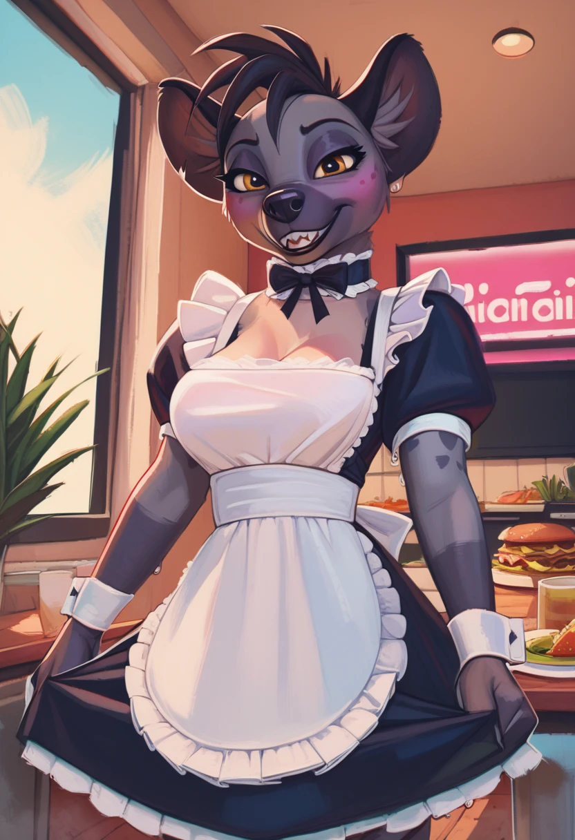 zPDXL, score_9,score_8_up,score_7_up,_up,source_cartoon, best quality, amazing quality, masterpiece, 1girl, looking at viewer, solo, blush,  cute smile,maid, sexy maid outfit, indoor, kitchen, plant in the pot, diner, smug, fullbody,  shenzi, hyena,yellow eyes, grey fur, sharp teeth, furry female,  <lora:shenzi:0.8>, (anthro), standing,  pixelsketcher, <lora:pixelsketcher:1>