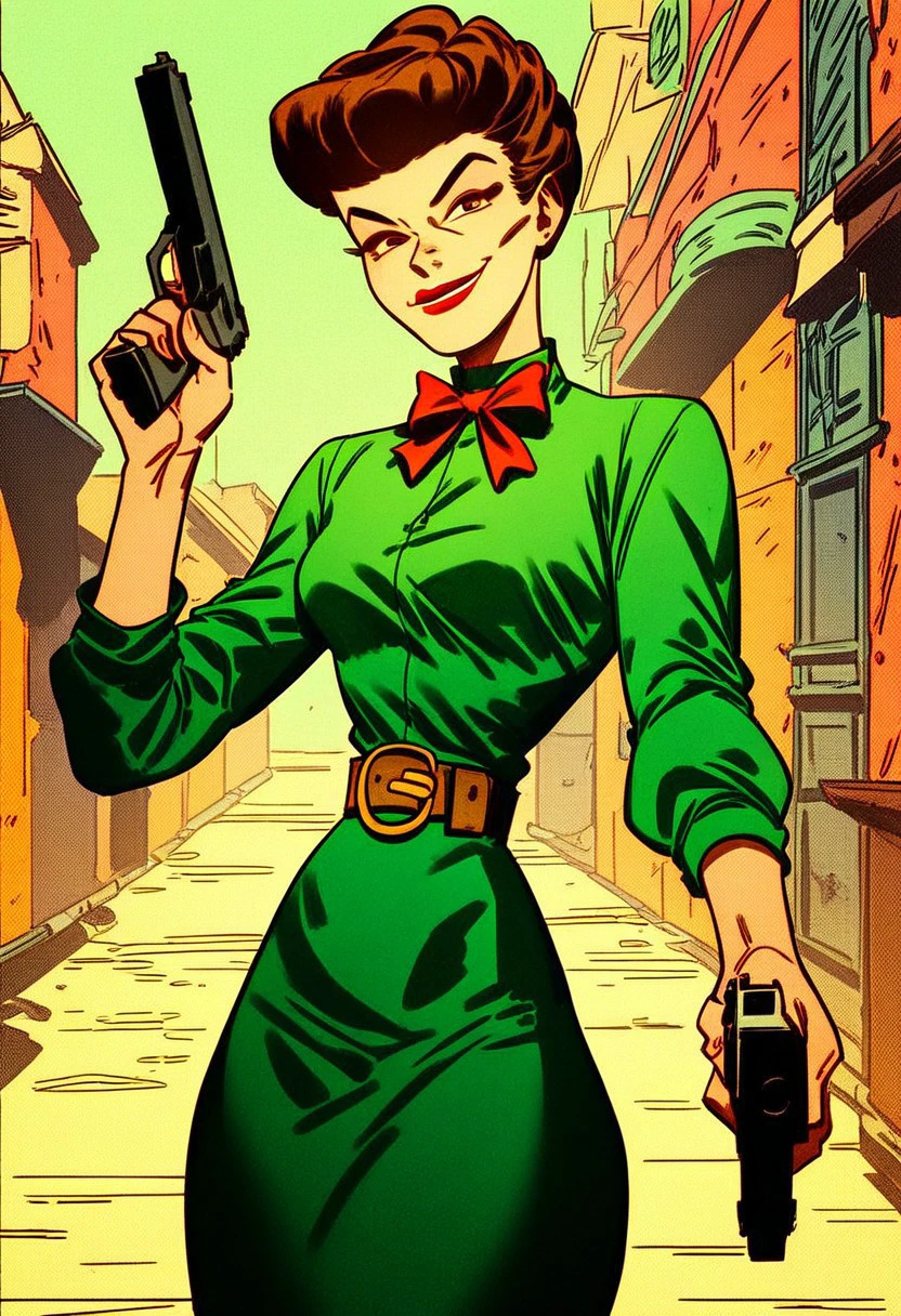 score_9_up, score_8_up, score_7_up, score_6_up, 1girl, solo, valerie_vaughn, brown hair, short hair, green blouse, belt, green skirt, bow, red lipstick, smug smile, looking at viewer, holding handgun, (standing in an alleyway)