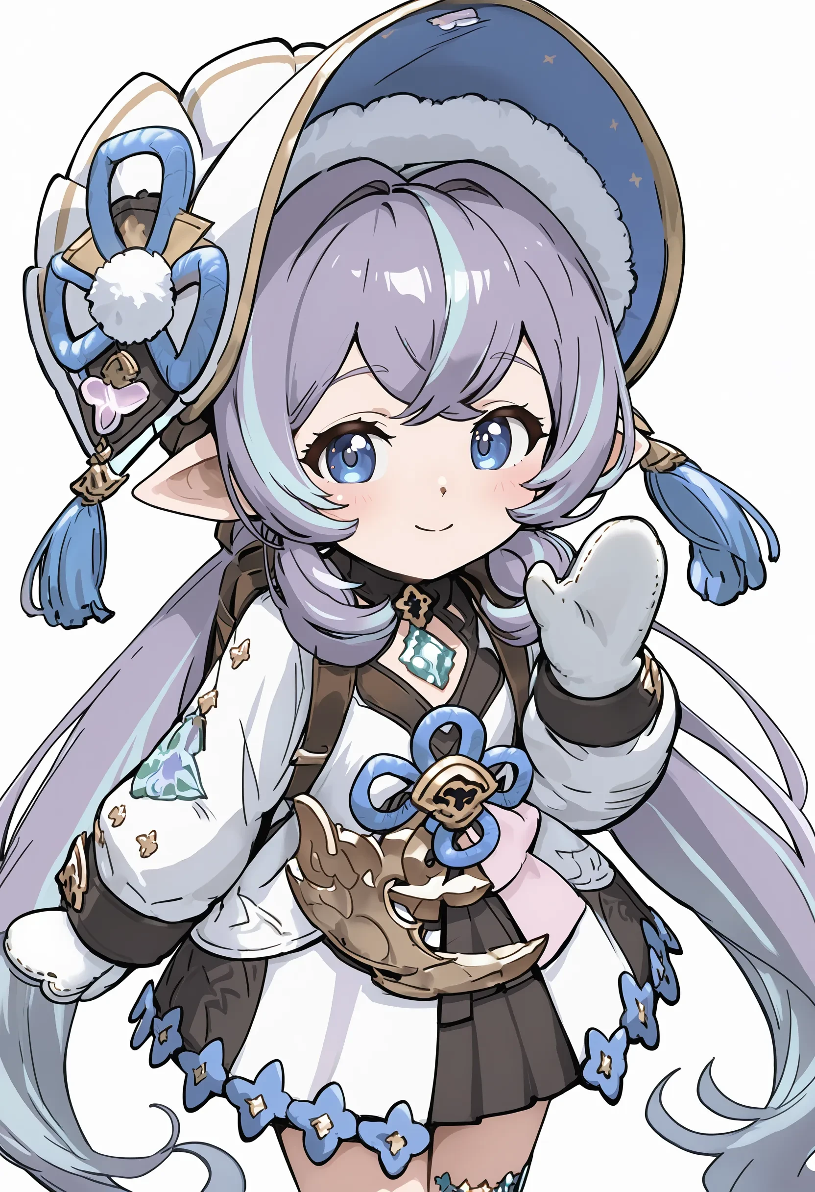 1girl, uruki \(granblue fantasy\), harvin, purple hair, multicolored hair, low twintails, blue eyes, bonnet, hat tassel, dress, long sleeves, mittens, backpack, footwear, 
smile, closed mouth, looking at viewer, standing, cowboy shot, looking at viewer, hand up, waving, white background, 
general, masterpiece, best quality, absurdres, high resolution, 8k, official art, official style, source_anime, uncensored, anime screencap, anime coloring, newest, (ai-generated:0.6) <lora:GBF-uruki_XL(ill)v10:1>