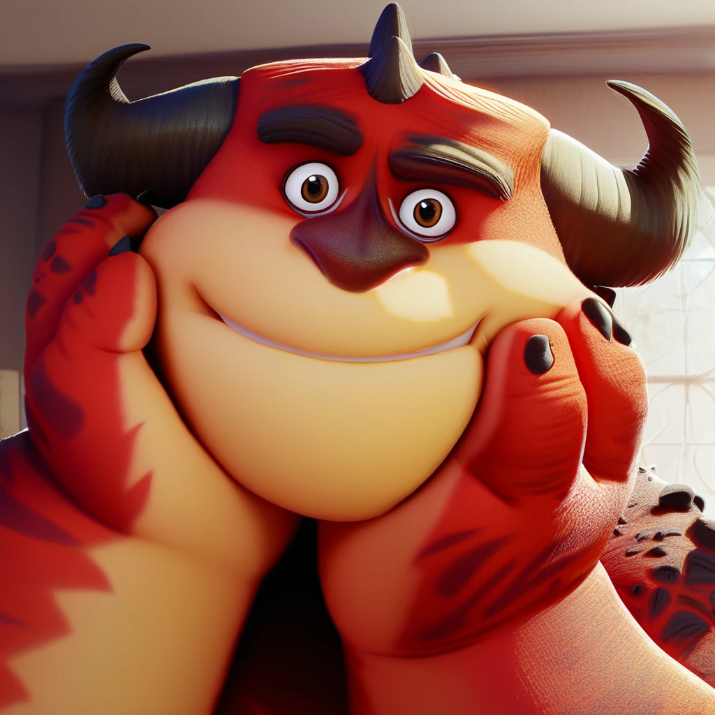 score_9, score_8_up, score_8, furry, Rayburn, monster, red body, horns, cartoon style, 2d, overweight male, fat, chubby, upper body focus, solo, face close up, hands on face, smile, looking at viewer, one eyebrow raised, inside