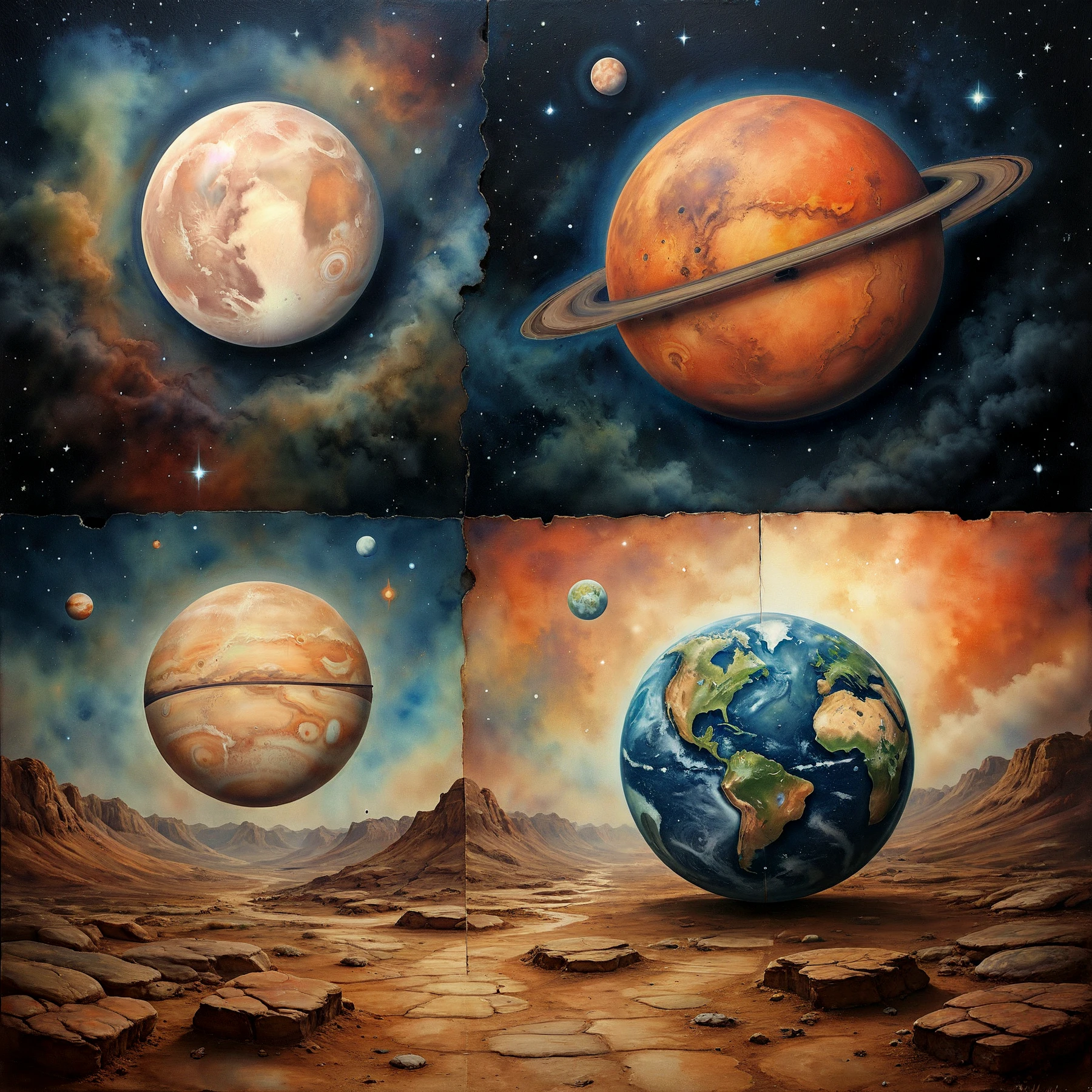 4 quadrants. Airbrushing. Soft dreamy watercolor.

Saturn. Mars. Jupiter. Earth.

<lora:Quadrality01_CE_SDXL_64x32x180x2bOT:0.8> qdrltyCE style, 